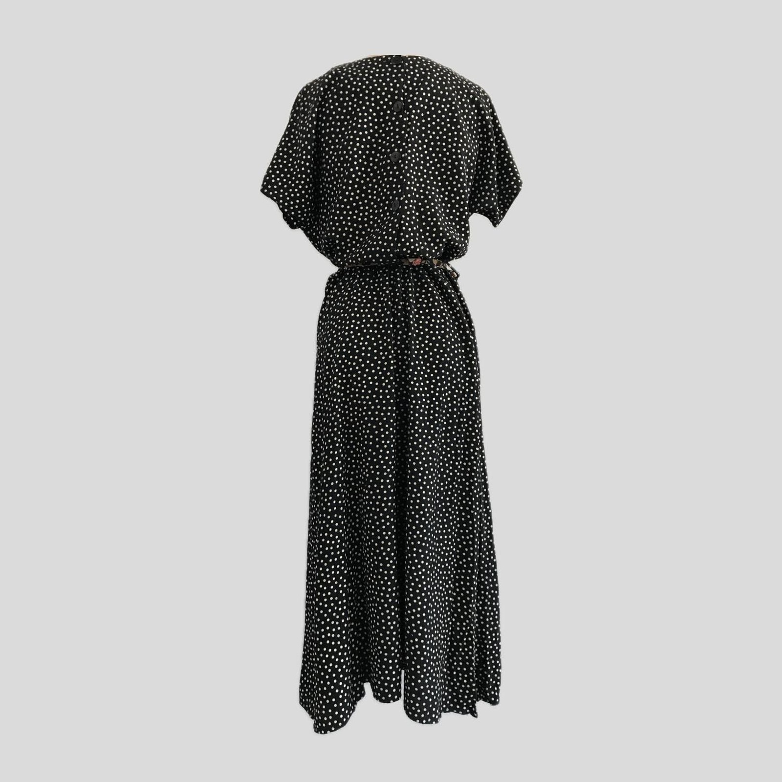 Vintage 1980s Black Polka Dot Pleated Short Sleeve Midi Dress, Womens Size M/L