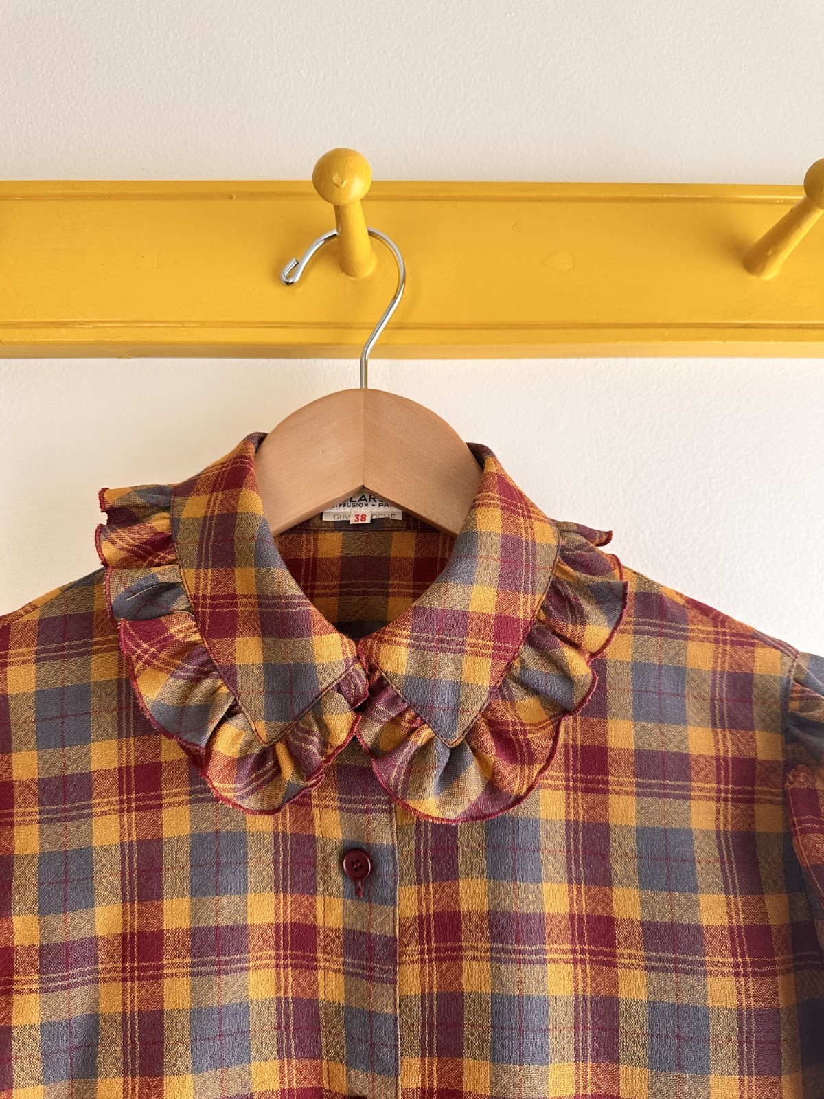 Vintage 70s GUY LAROCHE Paris fine wool plaid ruffle collar blouse top shirt S M