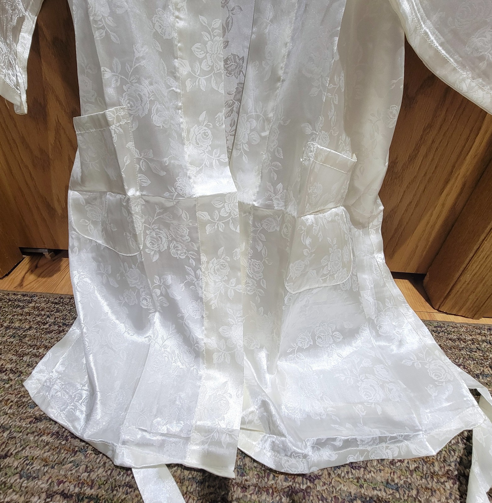 Vintage White Satin Robe with Cabbage Rose Flowers Pattern