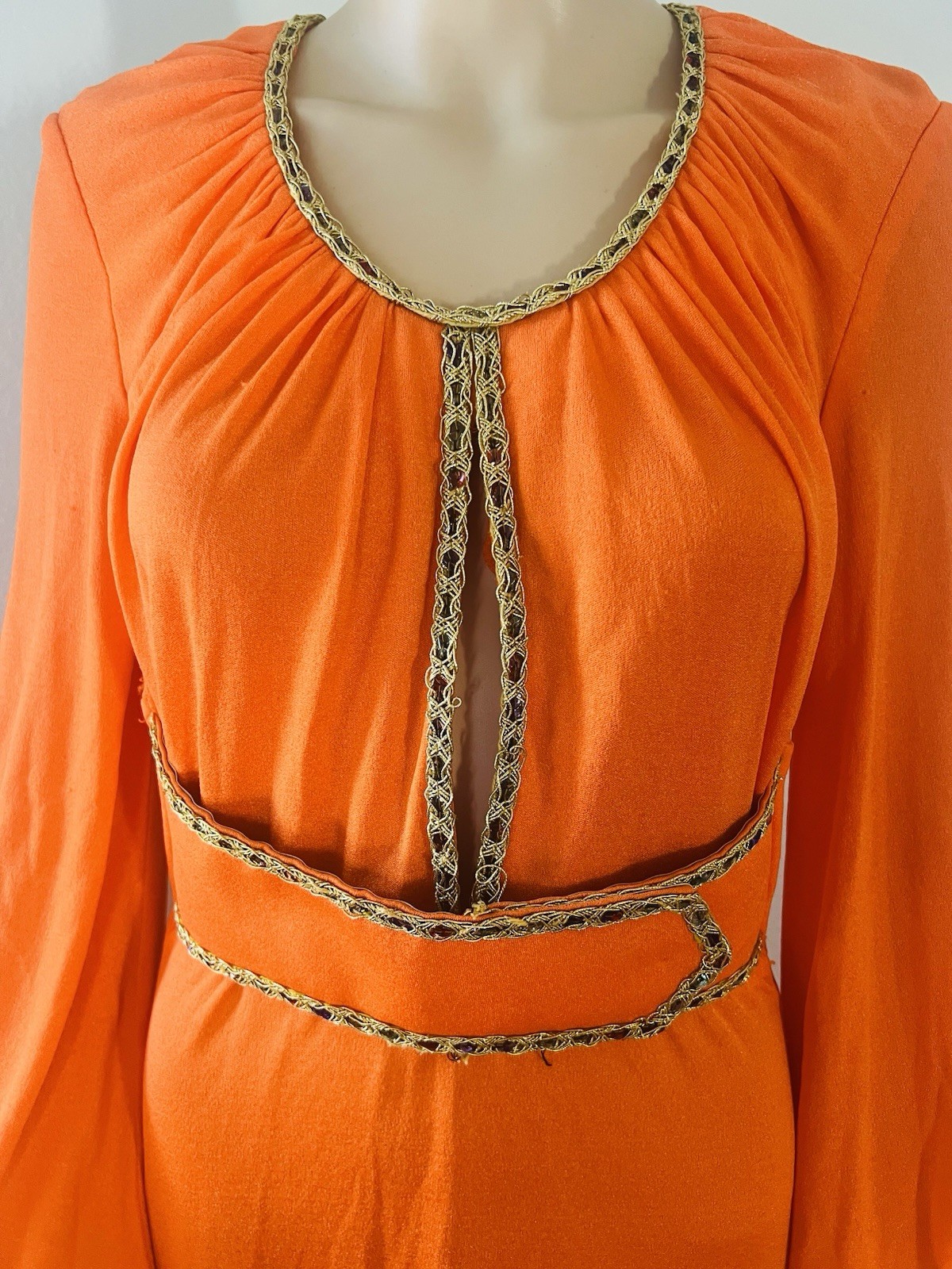 VTG 70s Funky Mod Orange Belted Maxi Dress Sexy Plunging Keyhole Front/Back Med