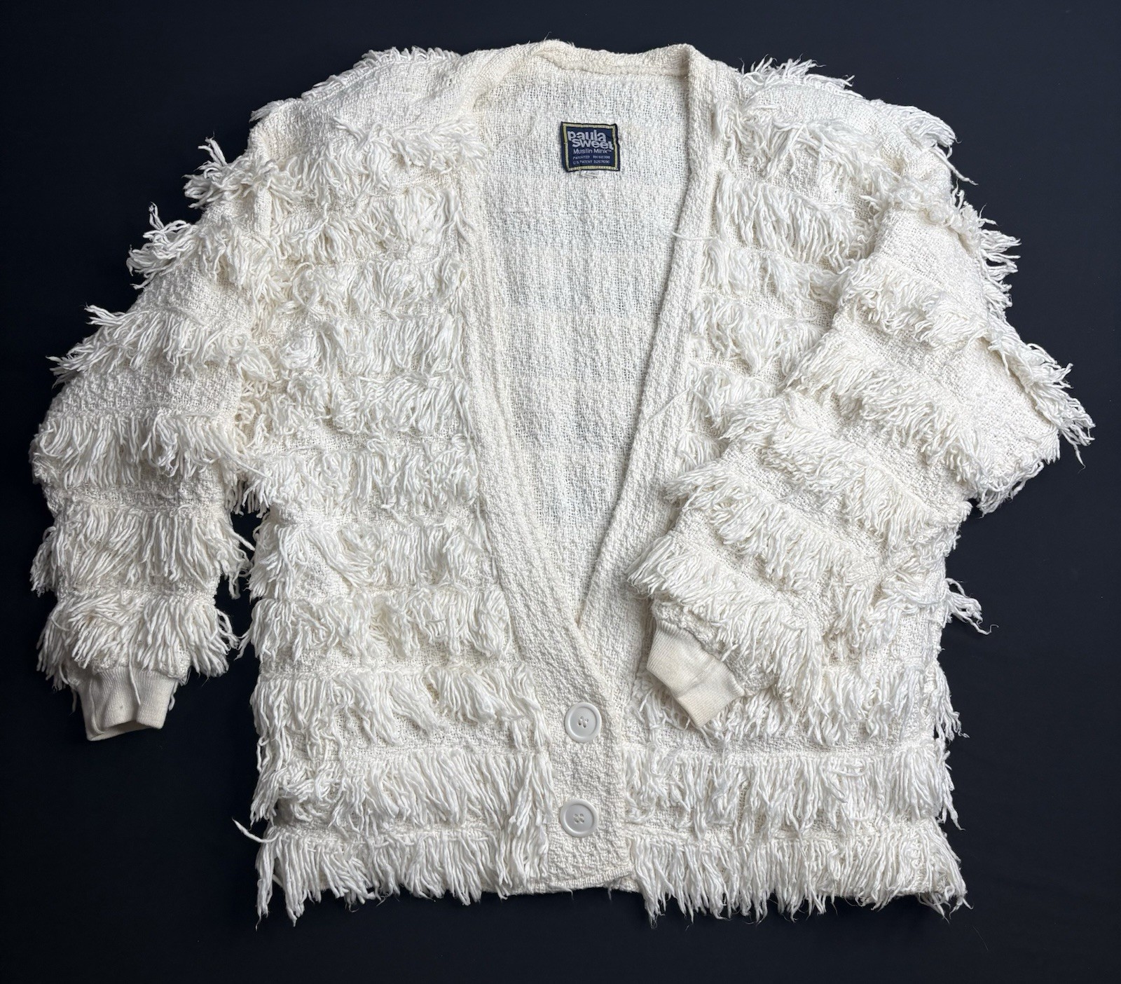🔥 Vintage 90s Paula Sweet Muslin Mink Fringe Textured Cardigan – Women’s Size L