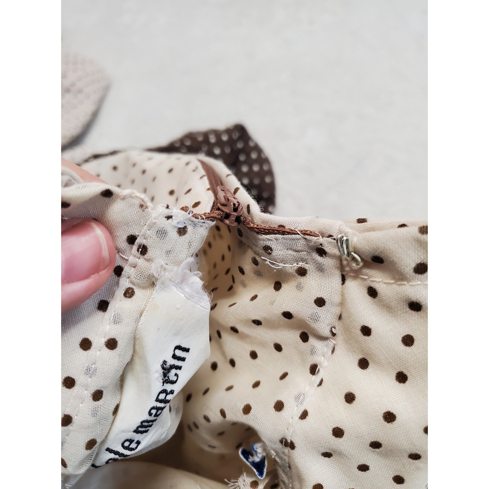 Vintage Adele Marcin Brown Cream Polka Dot Midi Dress XS Boho Chic Retro Cottage