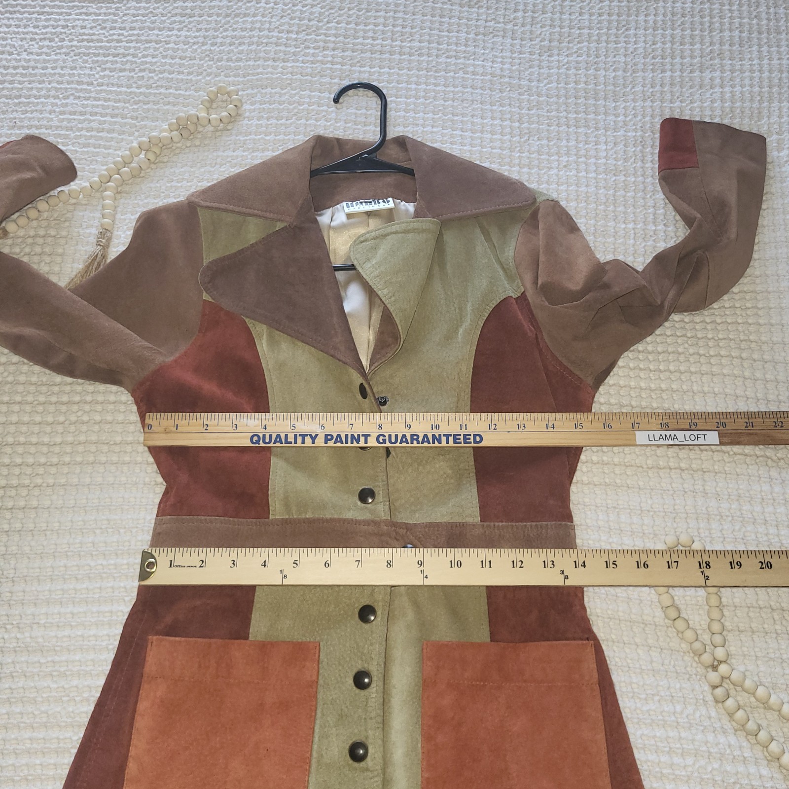 Vintage Patchwork Suede Belted Jacket Mod GoGo Zip Pockets Multicolor Size Small