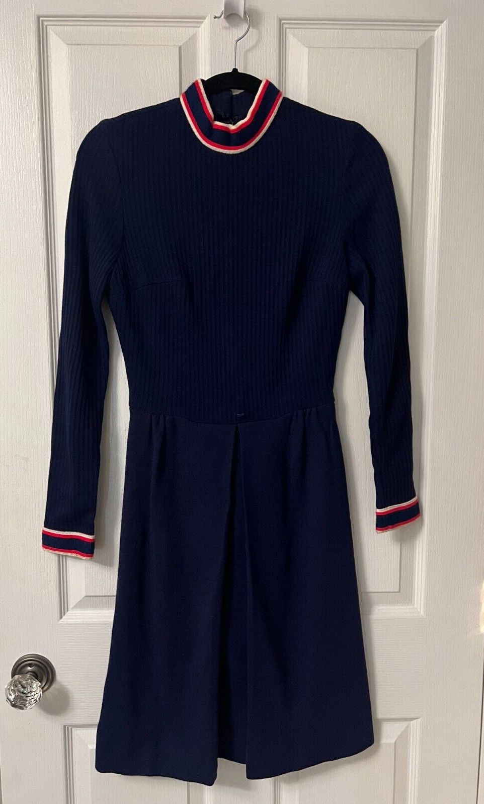 Vintage 70s Melissa Lane Secretary Dress Size S Knit Mock Neck Navy Blue Retro