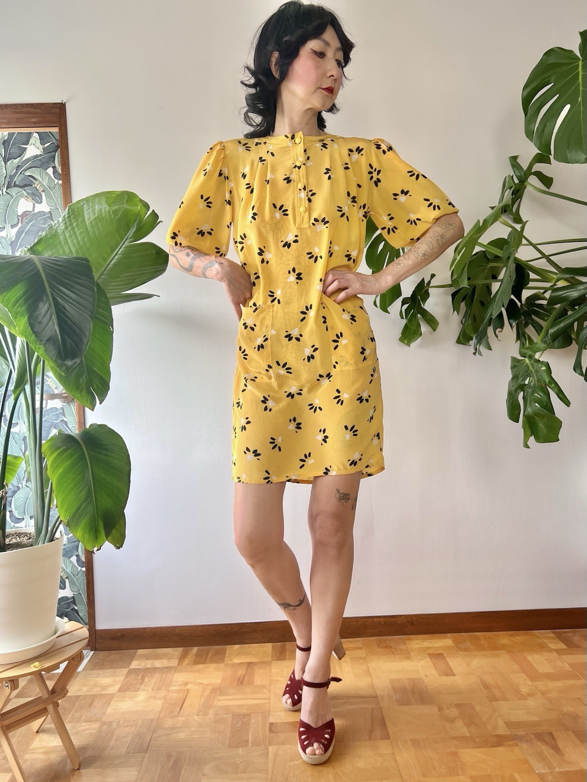Vintage 80s Ungaro Solo Donna Italy Silk Puff Sleeve Mini Dress Yellow XS-M