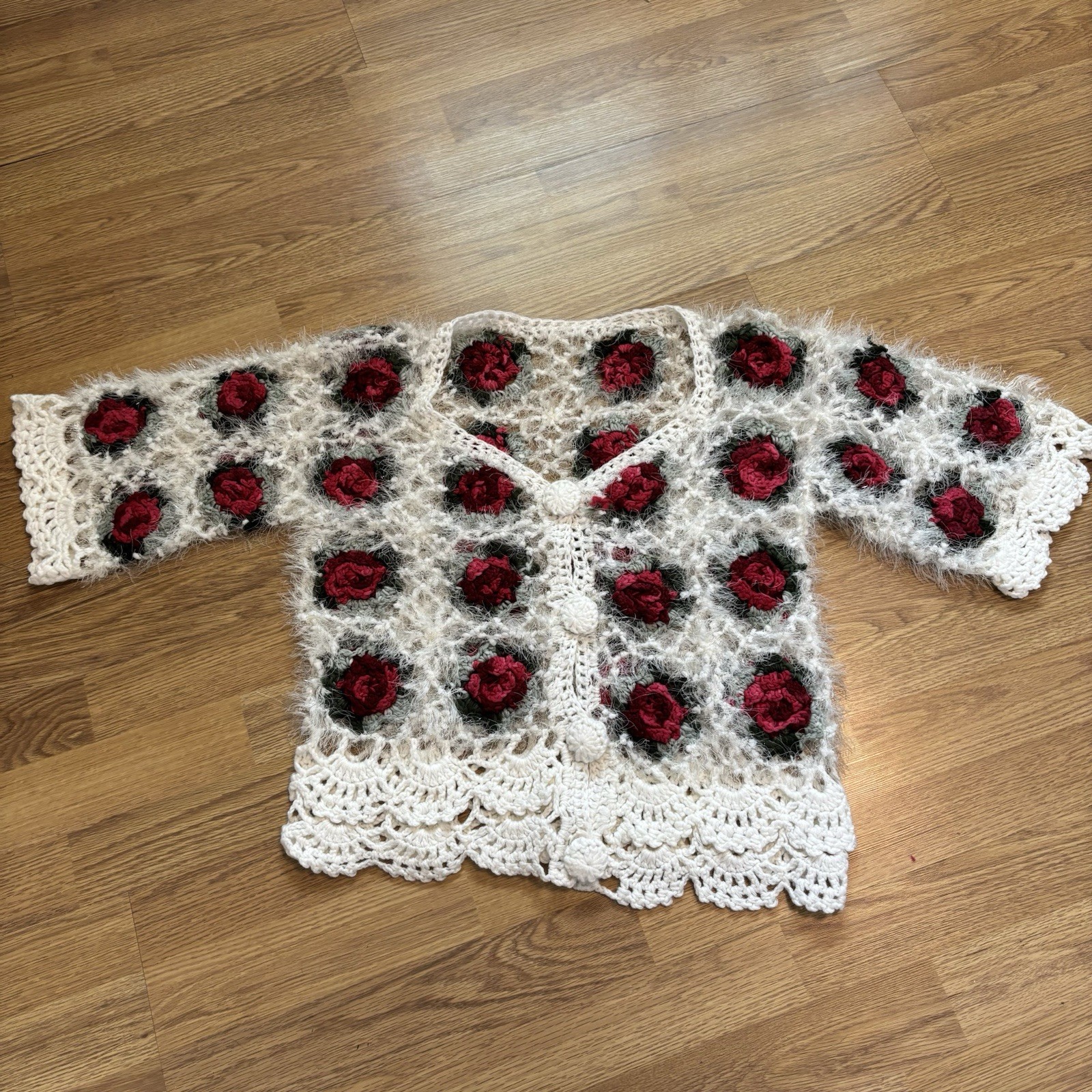 Crochet cardigan S 3D rose accent red/maroon cottagecore fairy whimsical