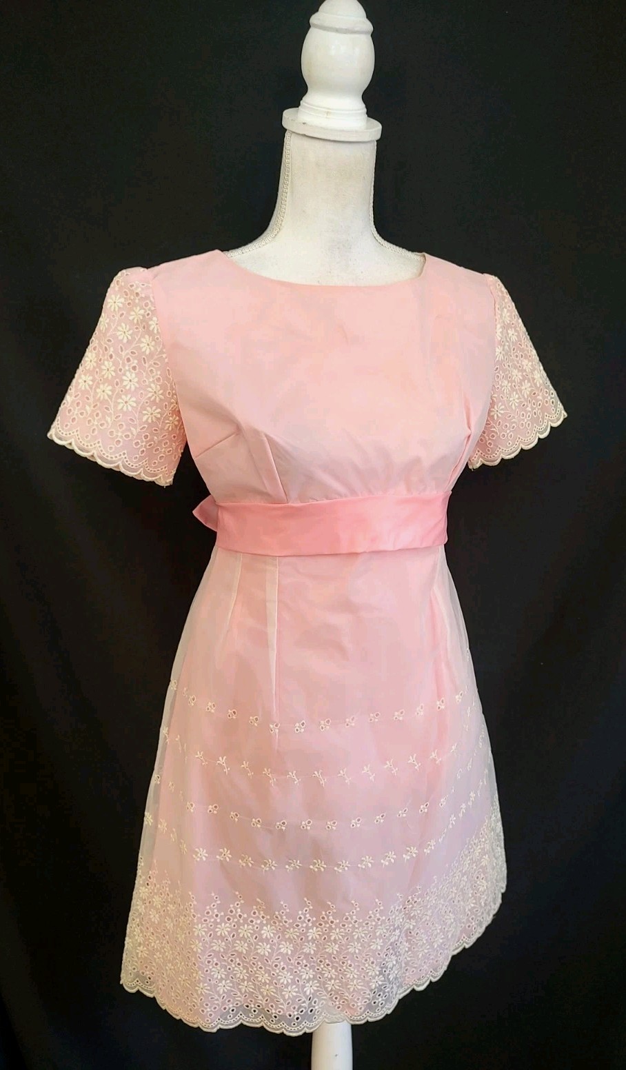 60&rsquo;s Vintage Pink Dress Eyelet Organza Taffeta Coquette Girly Short Sleeve XS/S