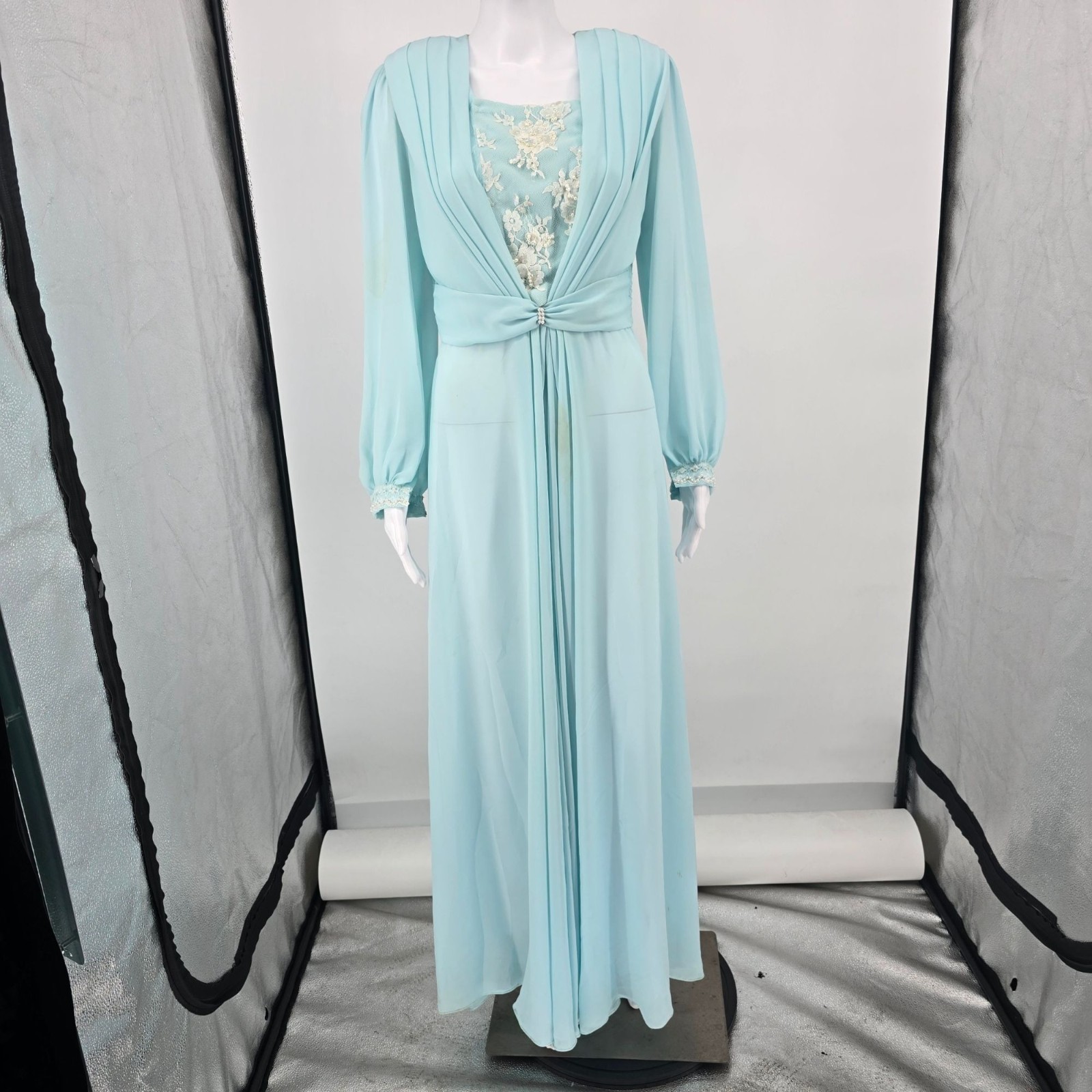 Vintage 1970s Powder Blue Chiffon Beaded Bodice Formal Maxi Dress/Gown (M)