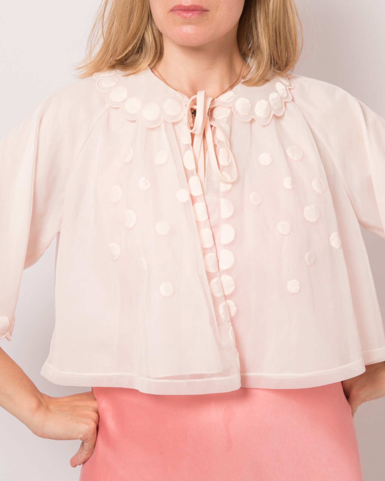 Sheer Bed Jacket Nylon Vintage Pink Double Layer S/M Size by Hattie Carnegie