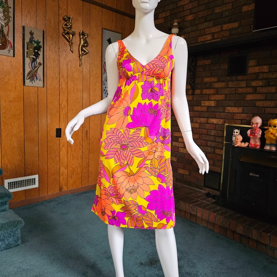 Vtg 60s Mod Neon Catalina Flower Power Trippy Psychedelic Hippie Bra Dress S/M