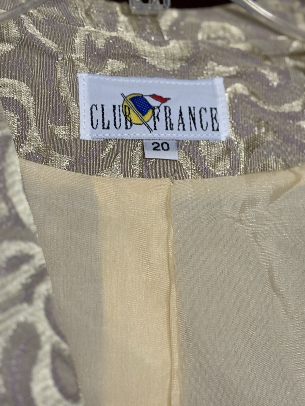 Vintage Club France 3 Pc Skirt Suit Womens 20 Gold Brocade Made USA