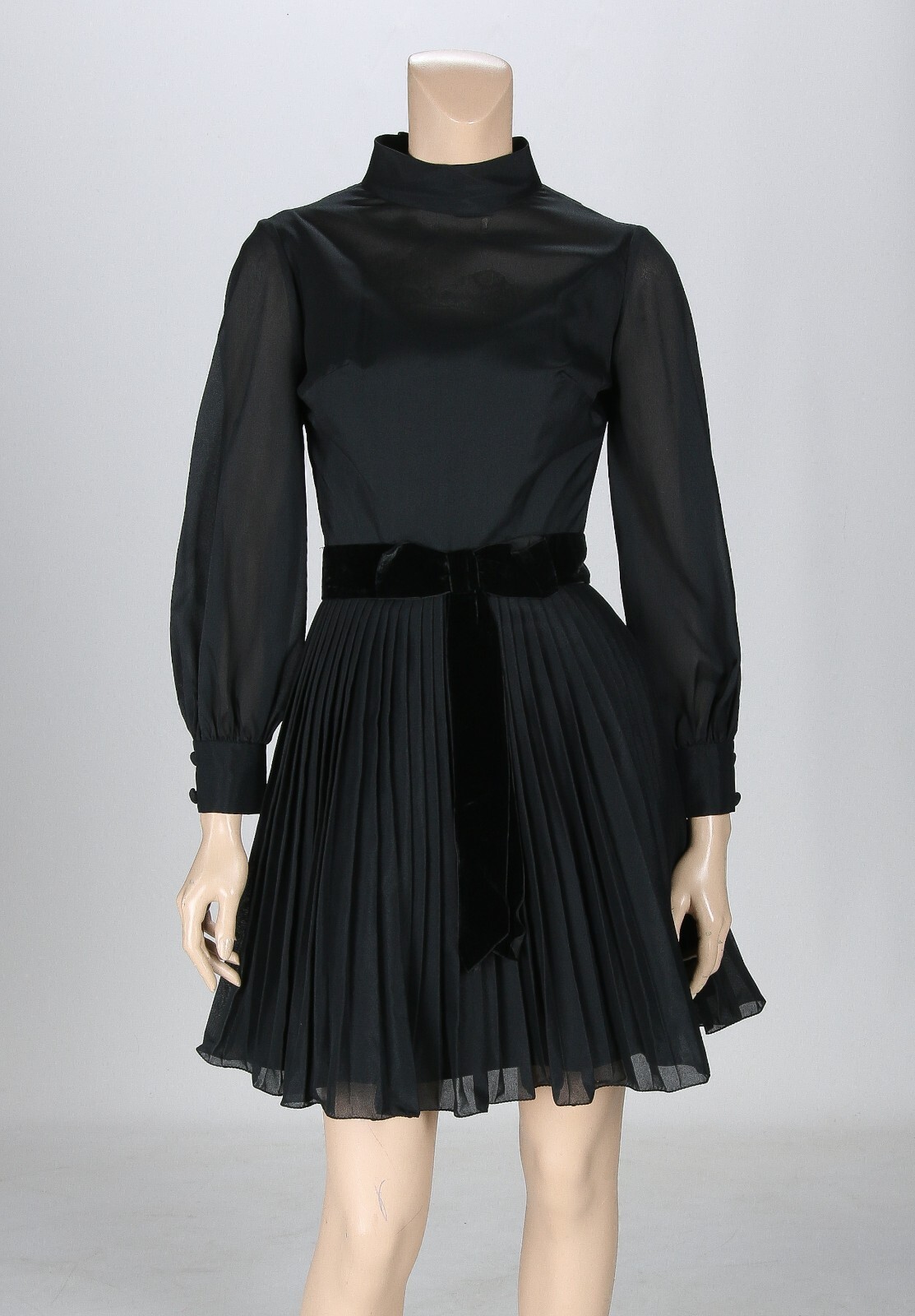 Unbranded Vintage 60s Black Chiffon Collared Pleated Mod Mini Dress sz 7/8