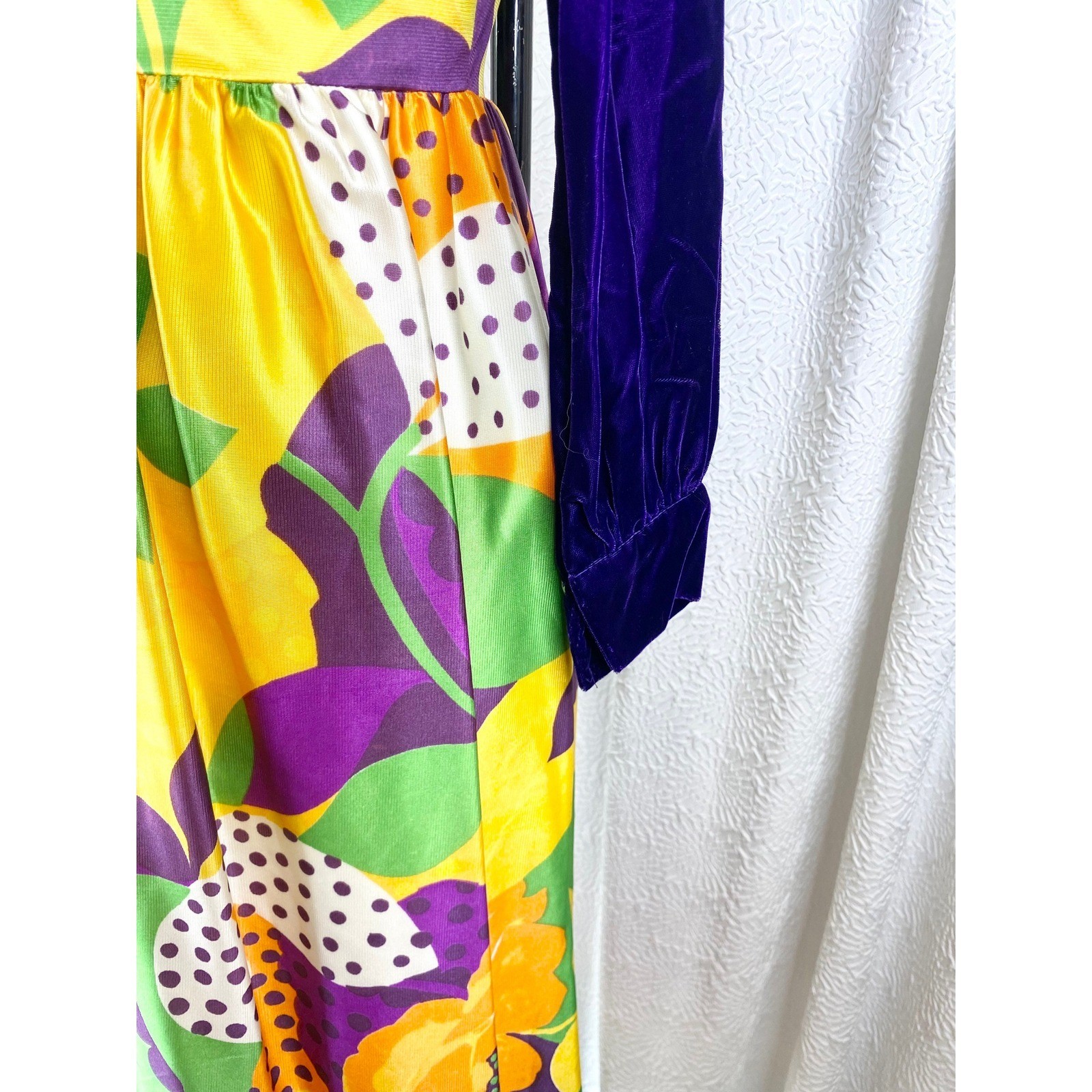 Vintage 1960s Floral Velvet Maxi Dress, Mod Style, Size S