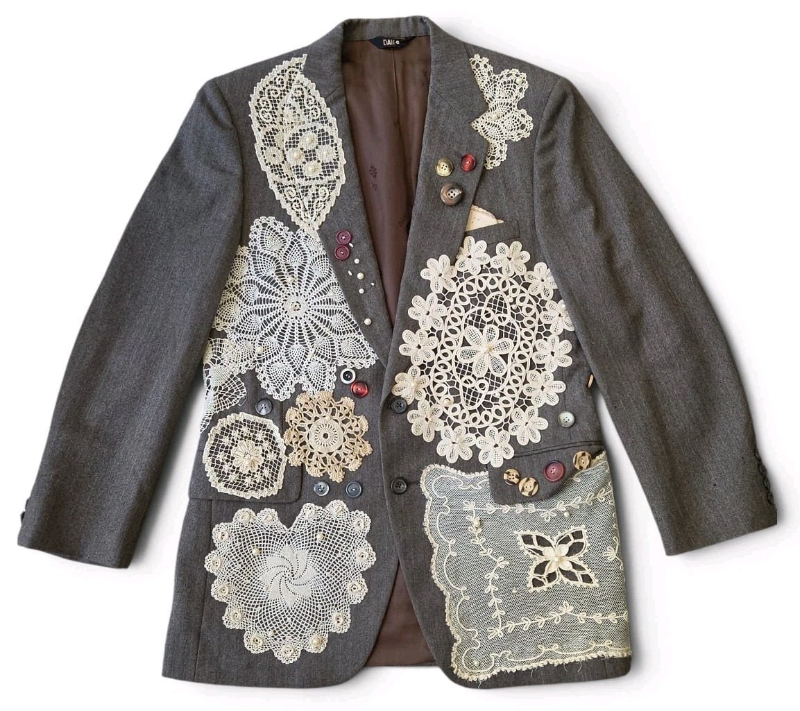 Vintage DAKS London Justers Upcycled Wearable Art Wool Blazer Lace Doily Boho