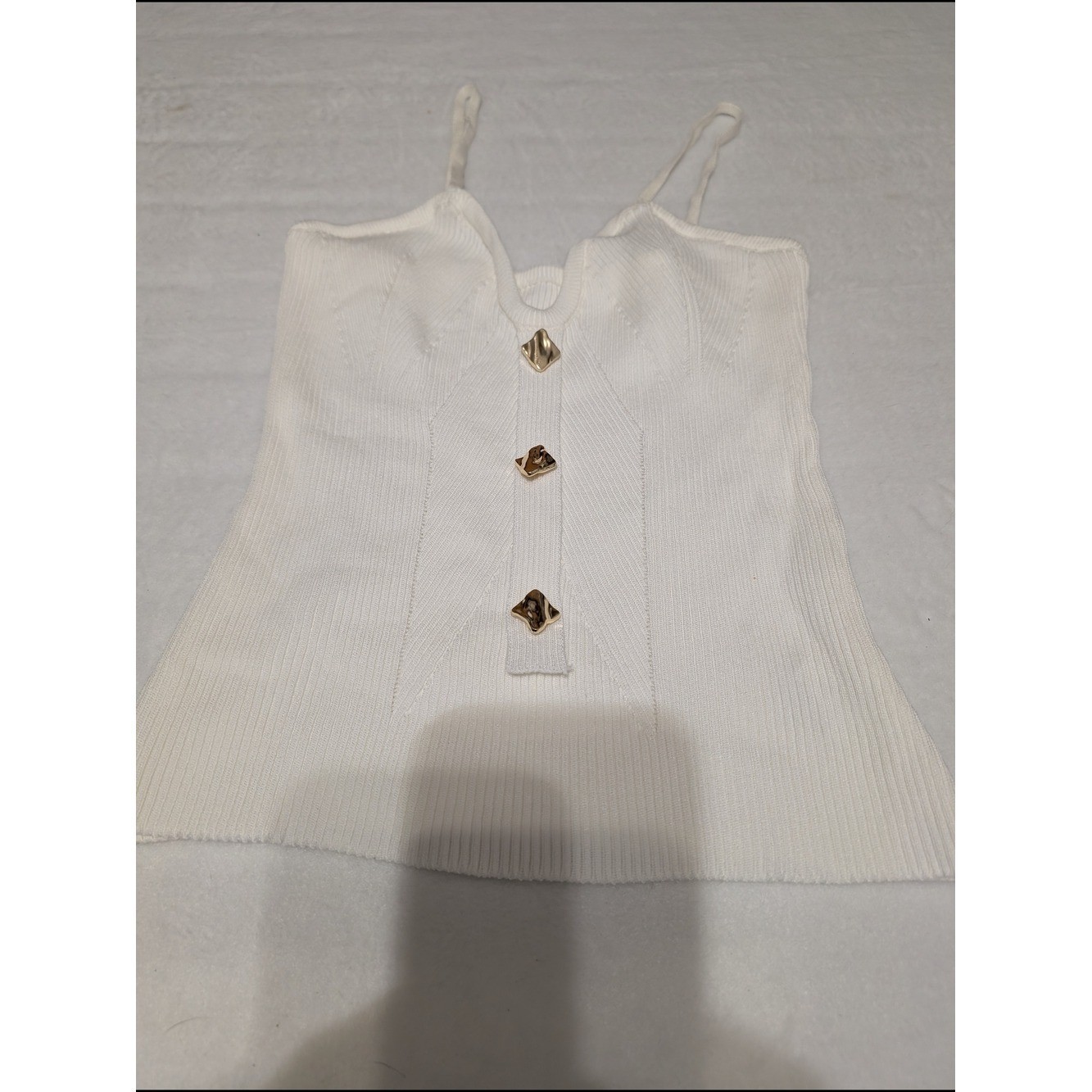 White Ribbed Knit Cami with Gold Accent Buttons SizeM Old money