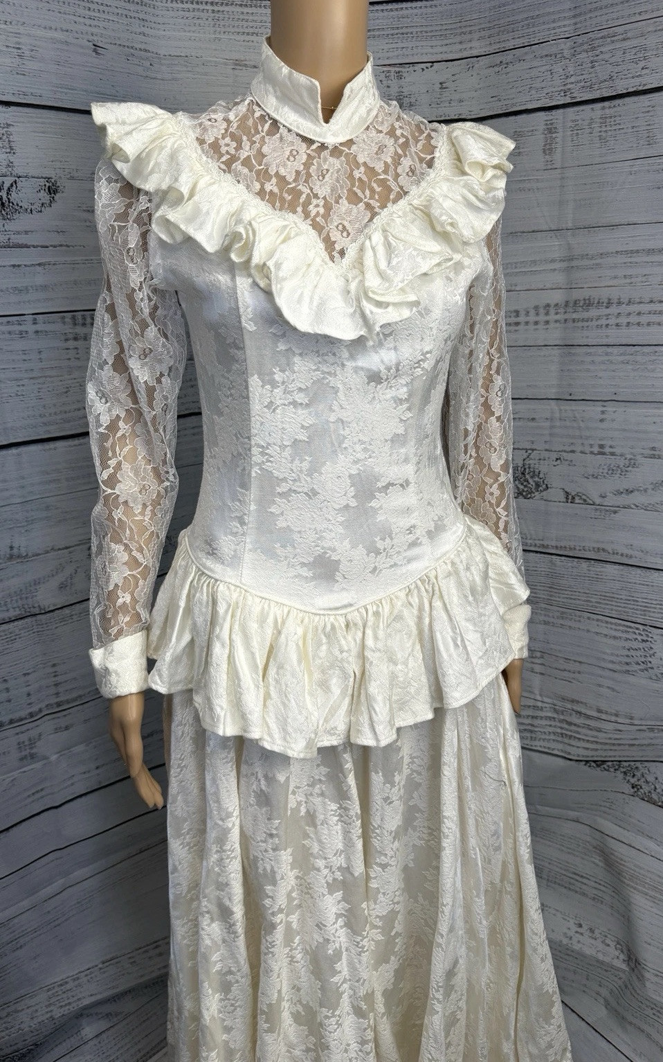 VTG 80s Roper Rustic Ivory Lace Jacquard Prairie Victorian Dress Womens 5/6 USA