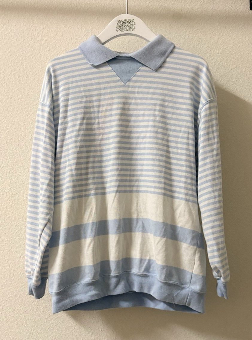 Vintage 90s Honors Misses Light Blue White Stripe Long Sleeve Collar Women&rsquo;s L