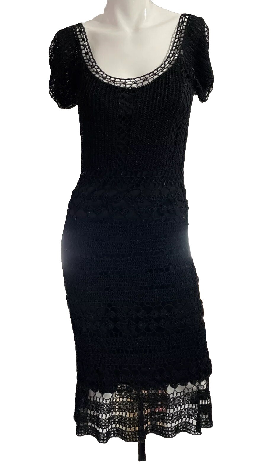 Gorgeous Vintage CACHÉ Black Beaded Crochet Knit Midi Dress XS/S/M
