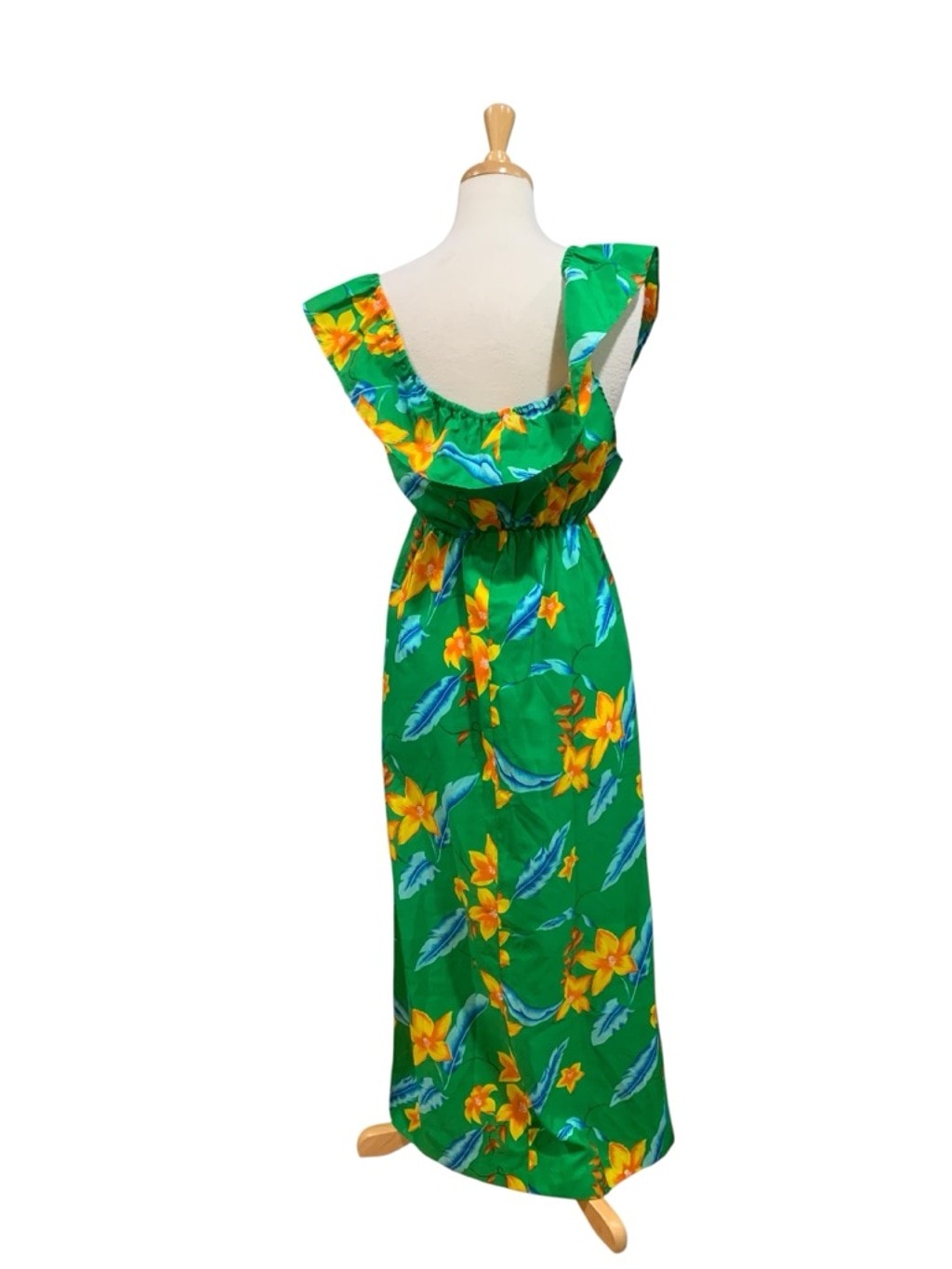 Vntg 70’s Women&rsquo;s POMARE KIDS Green Yellow Hawaiian Floral Maxi Dress sz S