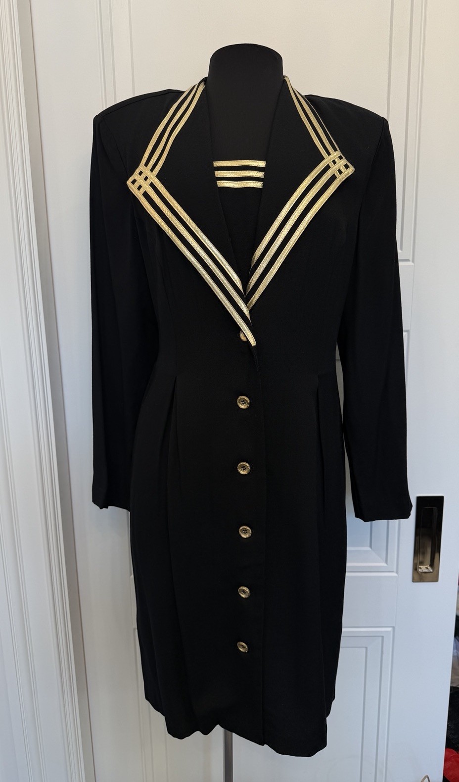 Vintage 80s S.L. Fashions Nautical Dress Black Gold Sailor 16 Fran Fine