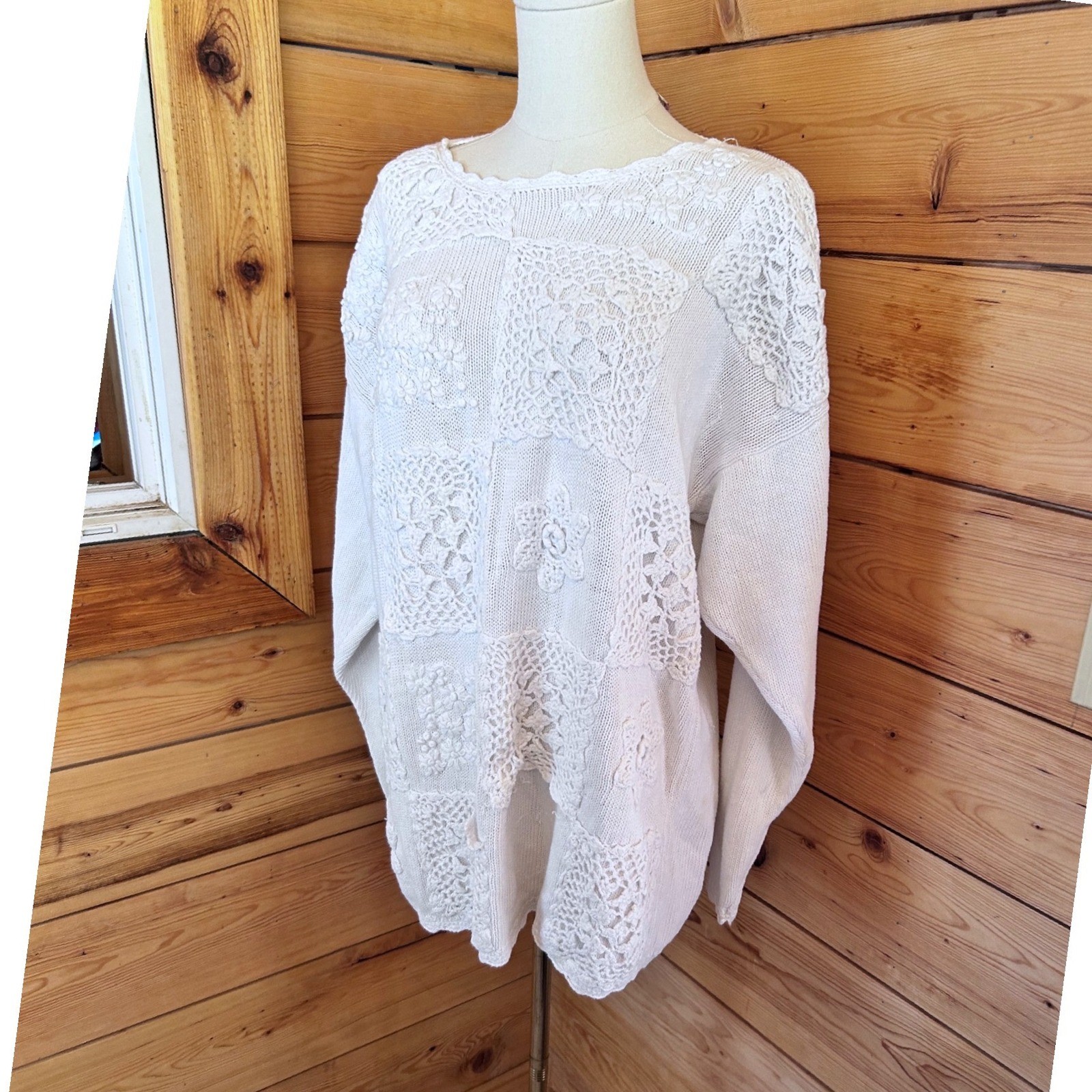 Vintage White Crochet Lace Patchwork Knit Sweater Womens Large Ramie Cotton 90&rsquo;s