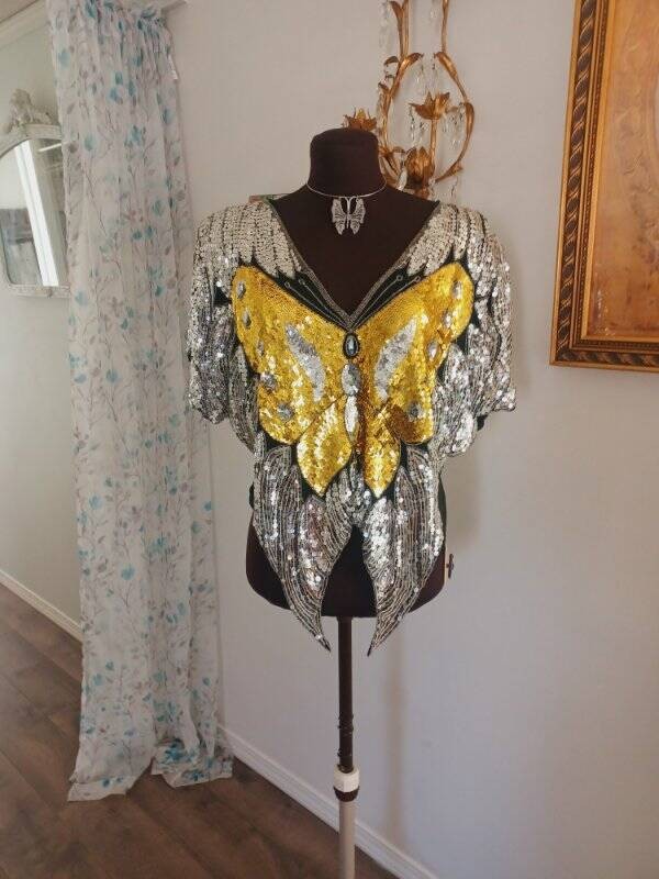 Vintage 70&rsquo;s Sequin Butterfly Top Shirt Disco Glam Bling Free Size