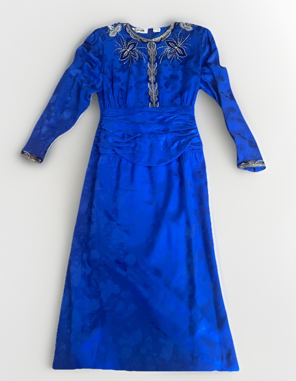 VTG 80s D’ore Della Roufogali Royal Blue Beaded Silk Cocktail Dress Sz 6 MINT