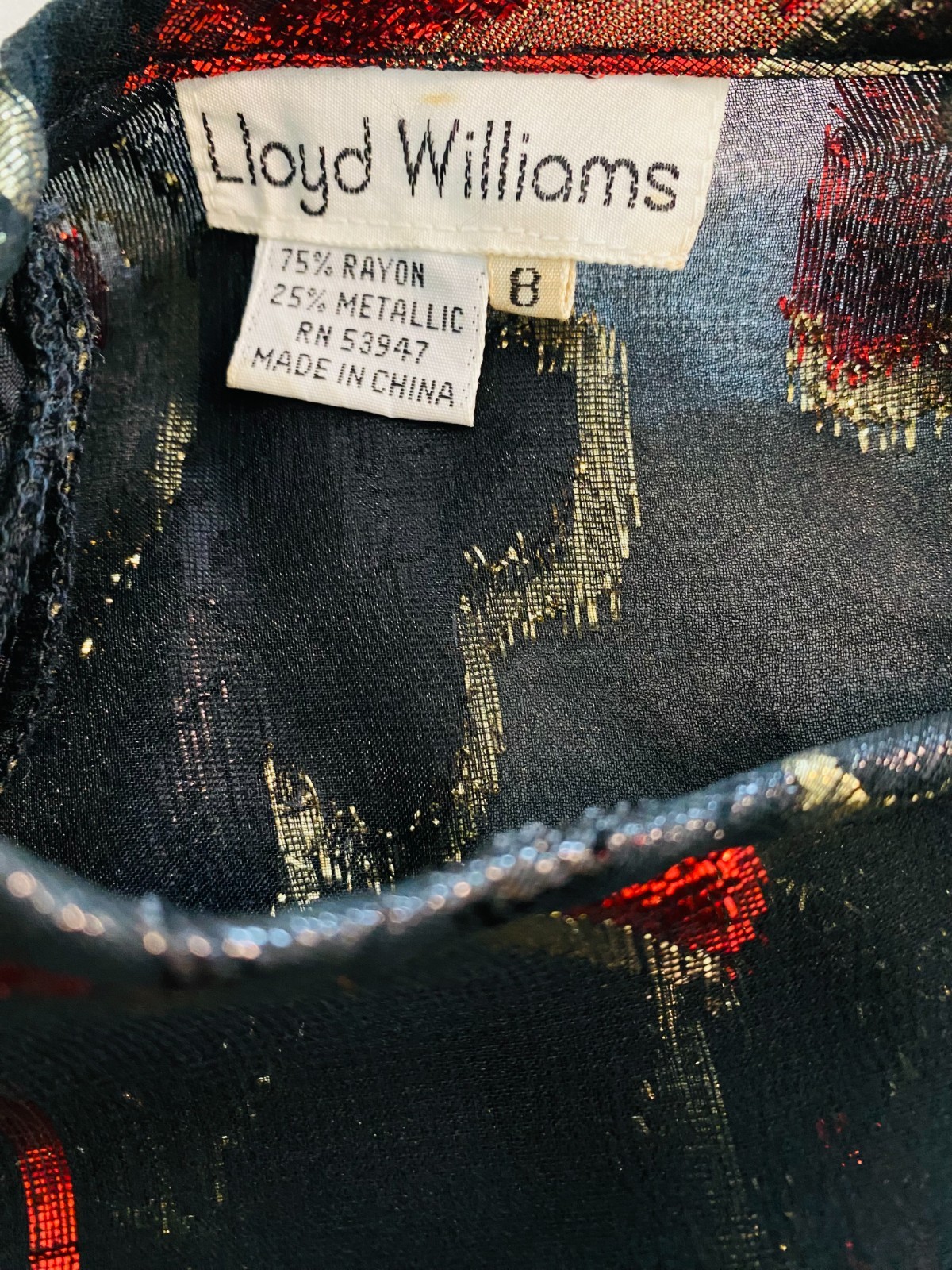 Vintage LLOYD WILLIAMS Sheer Blouse Black with Black, Gold & Red Floral shiny