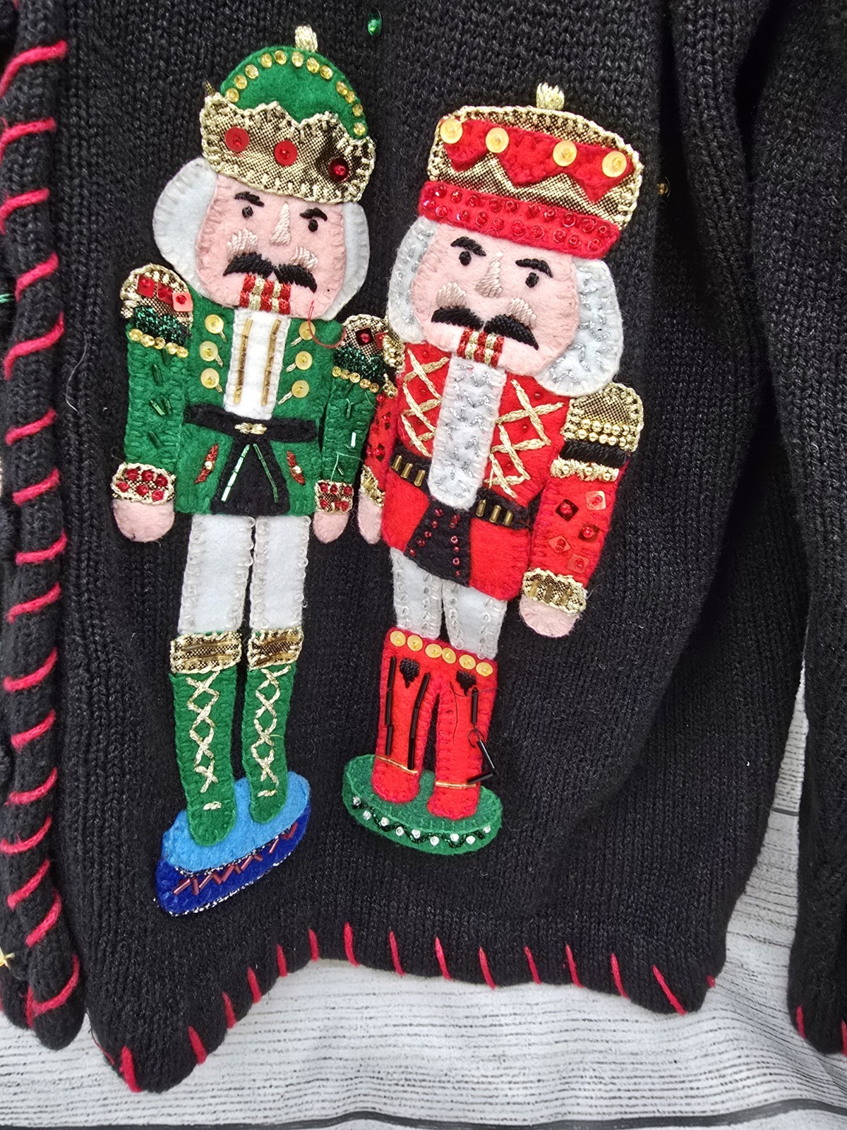 Vtg Tiara International Nutcracker Christmas Sweater Sequins Cardigan Sz LARGE