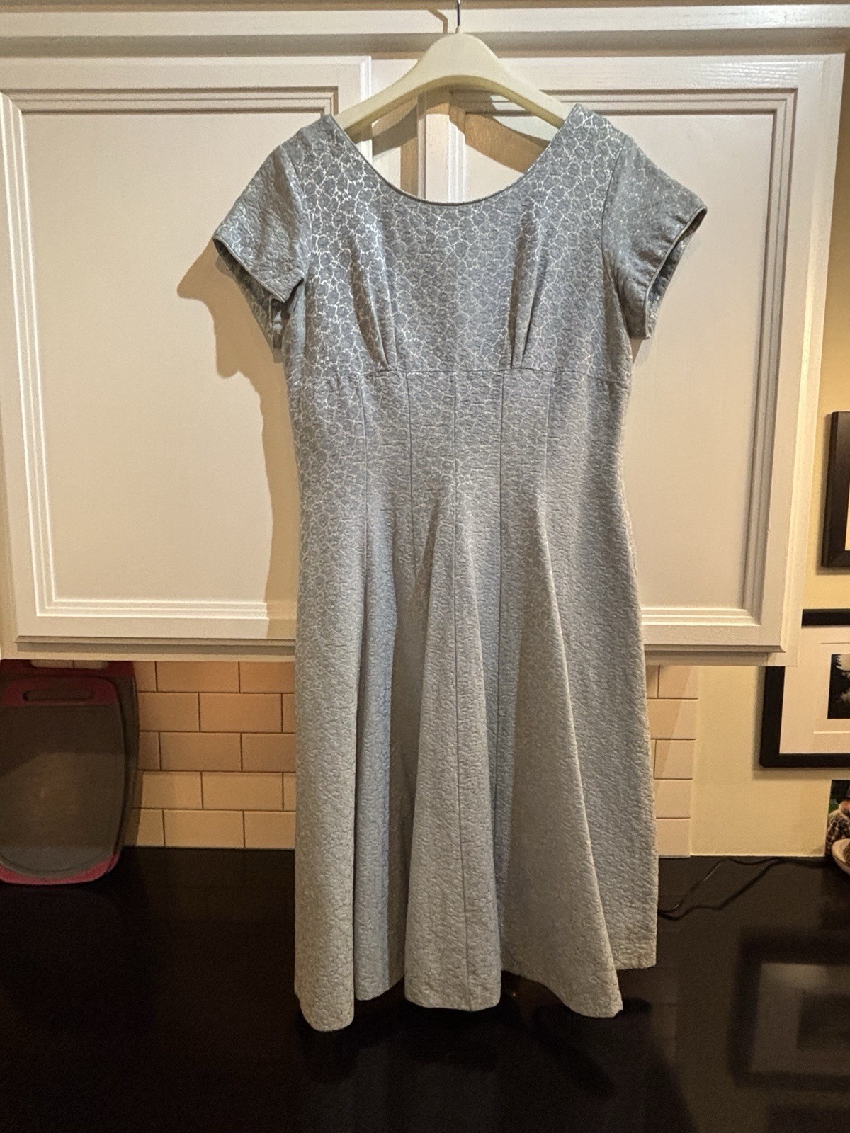 1960s Vintage Shimmering Powder Blue Floral Brocade Mid Length Dress. M/L Hand