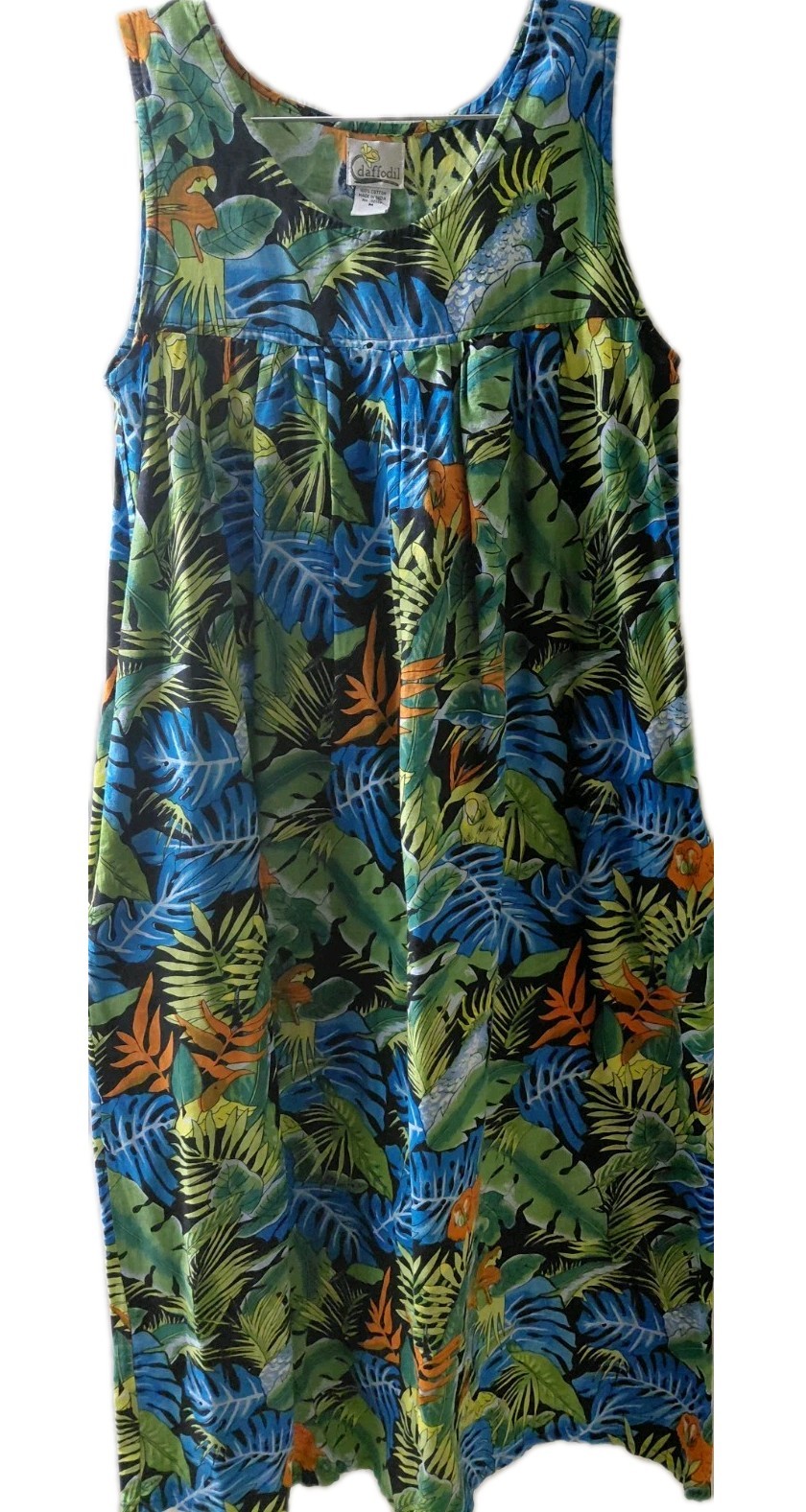 VTG Daffodil Womens Mumu Dress Sz M Parrots Tropical Lounge Wear Cotton Pockets