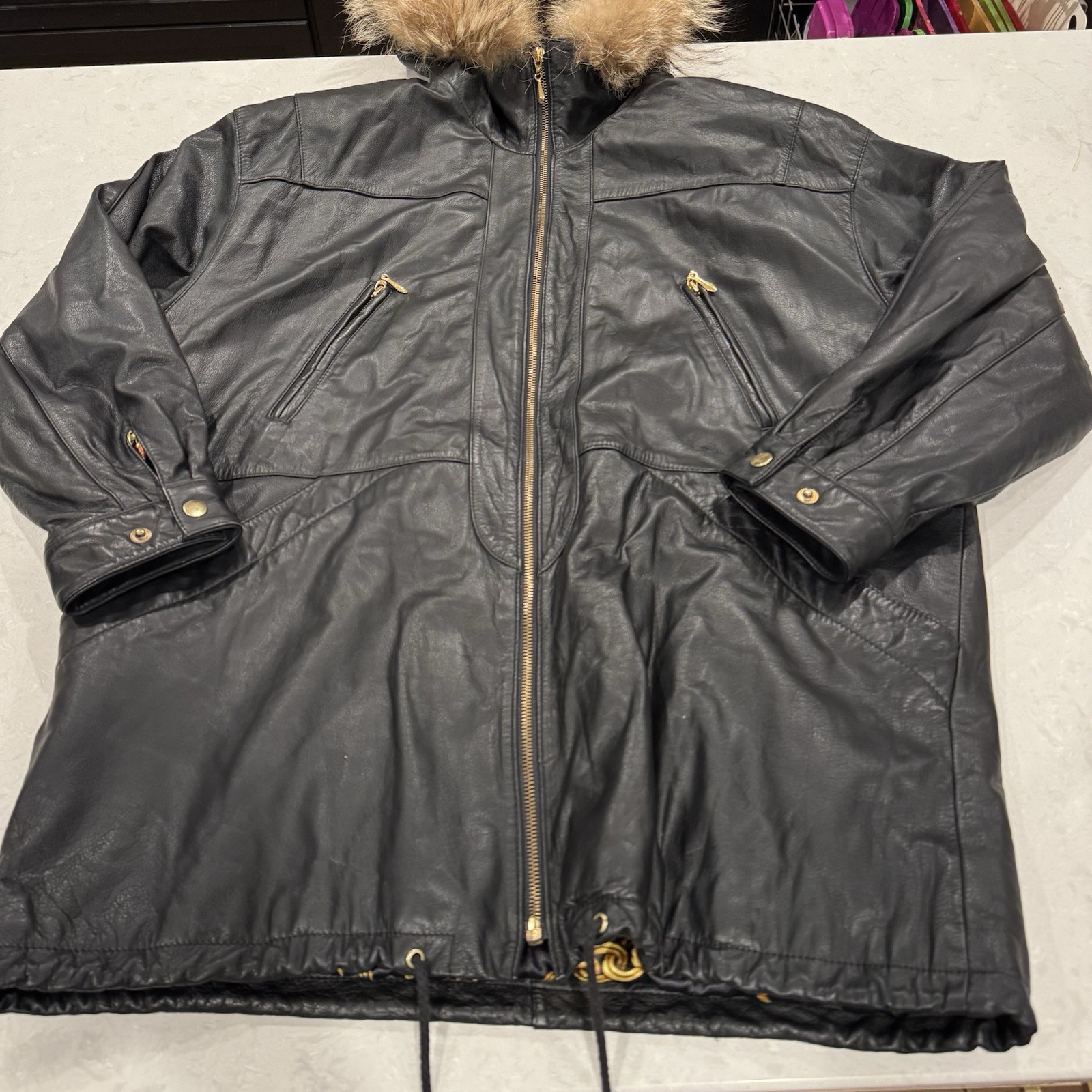 Jacqueline Ferrar Genuine Leather Jacket Coat Black W/Coyote Fur Hood Large