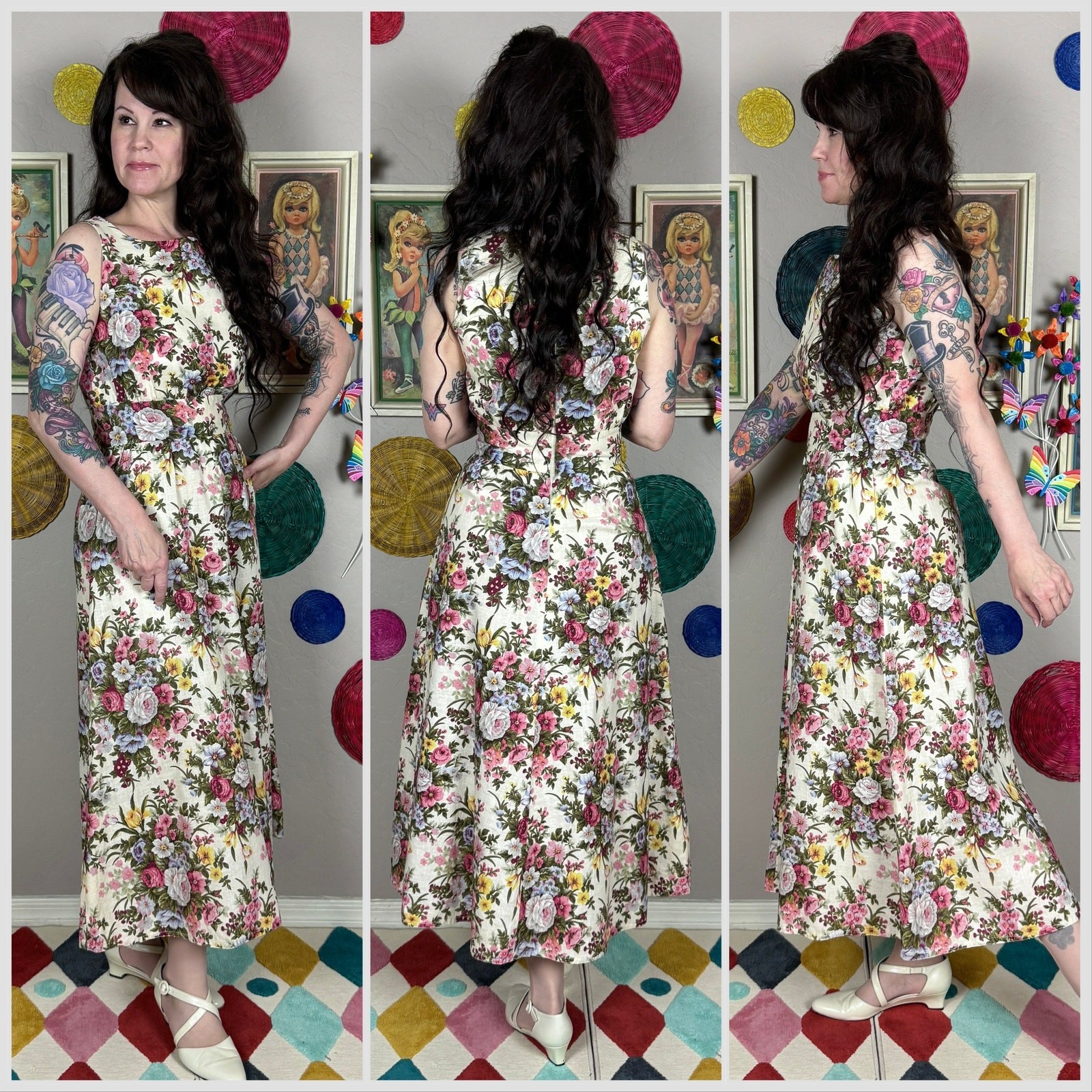 Vintage 1980s Cream Floral Print Sleeveless Cotton Midi Dress | 26&Prime;-28&Prime; Waist