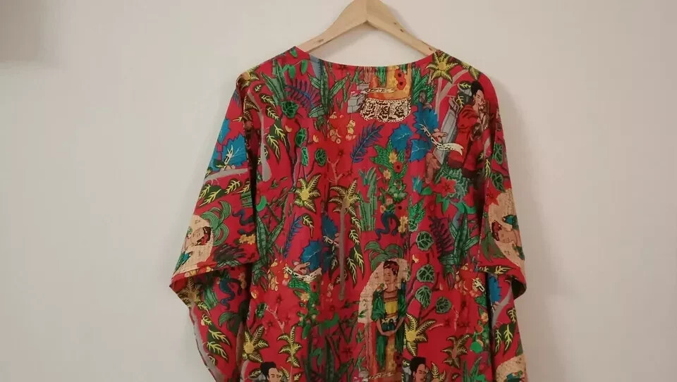 Frida Kahlo Design Caftan Indian Bohemian Nightwear Red Dress Long Kaftan Maxi