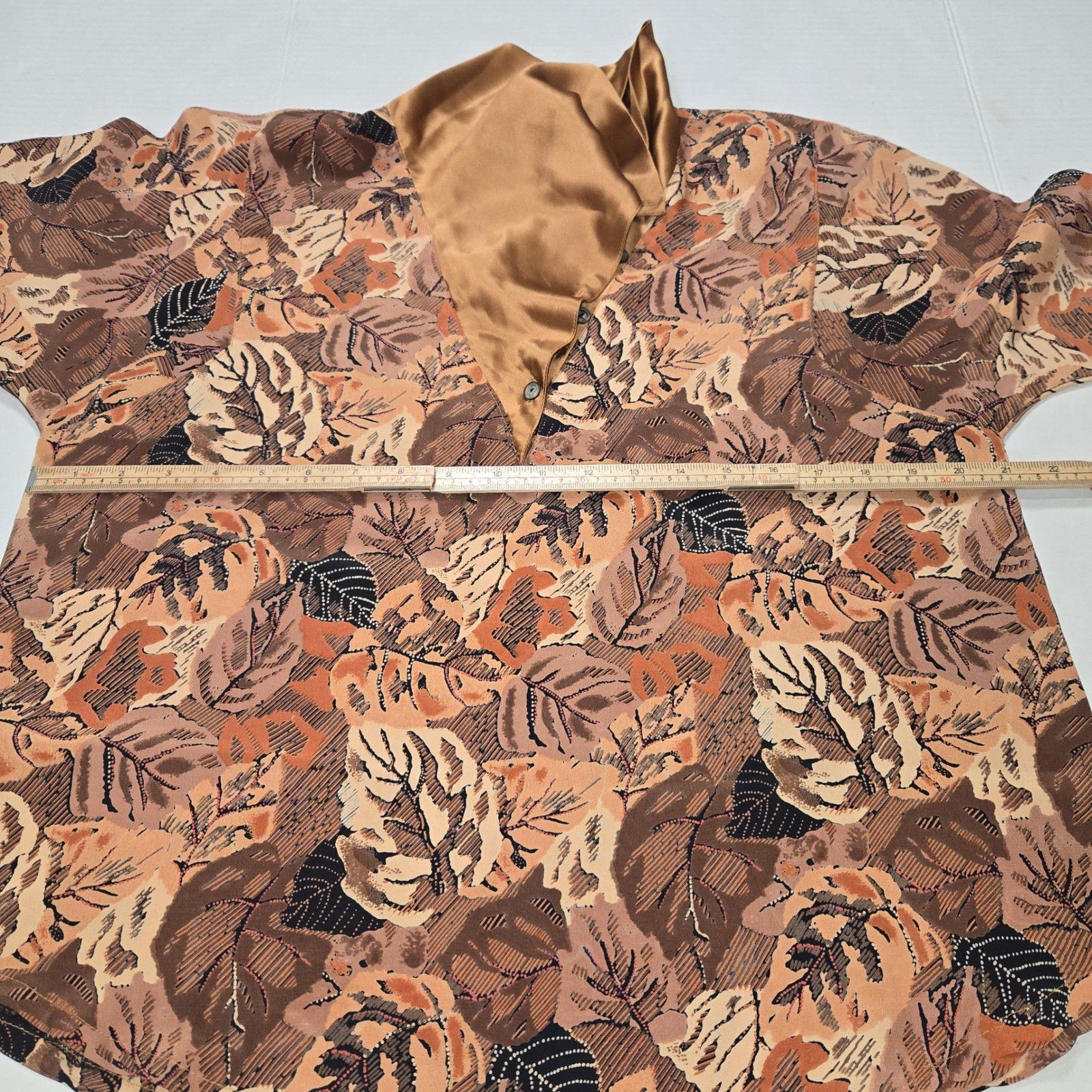 Vintage Macaw Womens Leaf Print Blouse Asymmetrical Satin Collar Brown Copper
