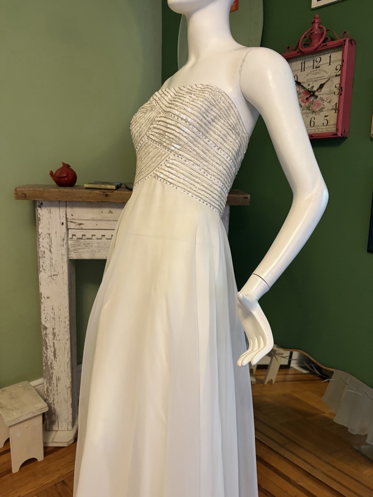 Vtg Mike Benet Formals- White Chiffon grecian Dress Gown Sequins 38 Strapless M