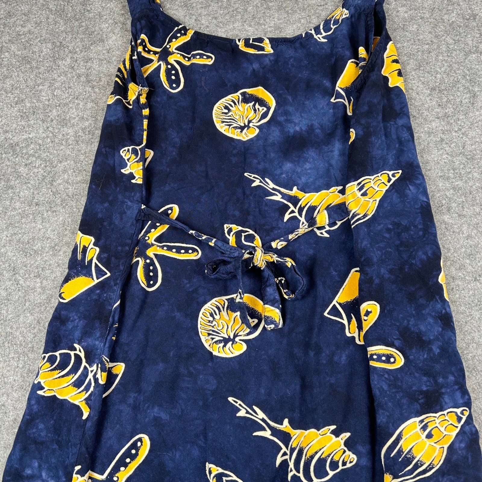 EUC VTG 24 Karat Navy Blue Shell Coastal Beach Batik Fringed Rayon Mini Dress OS