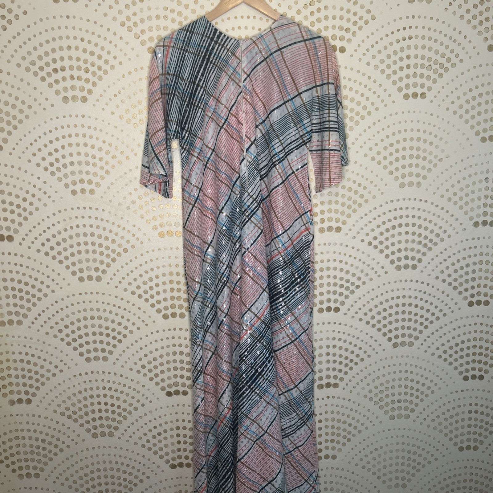 Vintage 60s 70s LARGE Sparkle Stripe Belted Maxi Dress NEW Pocket Short Bell