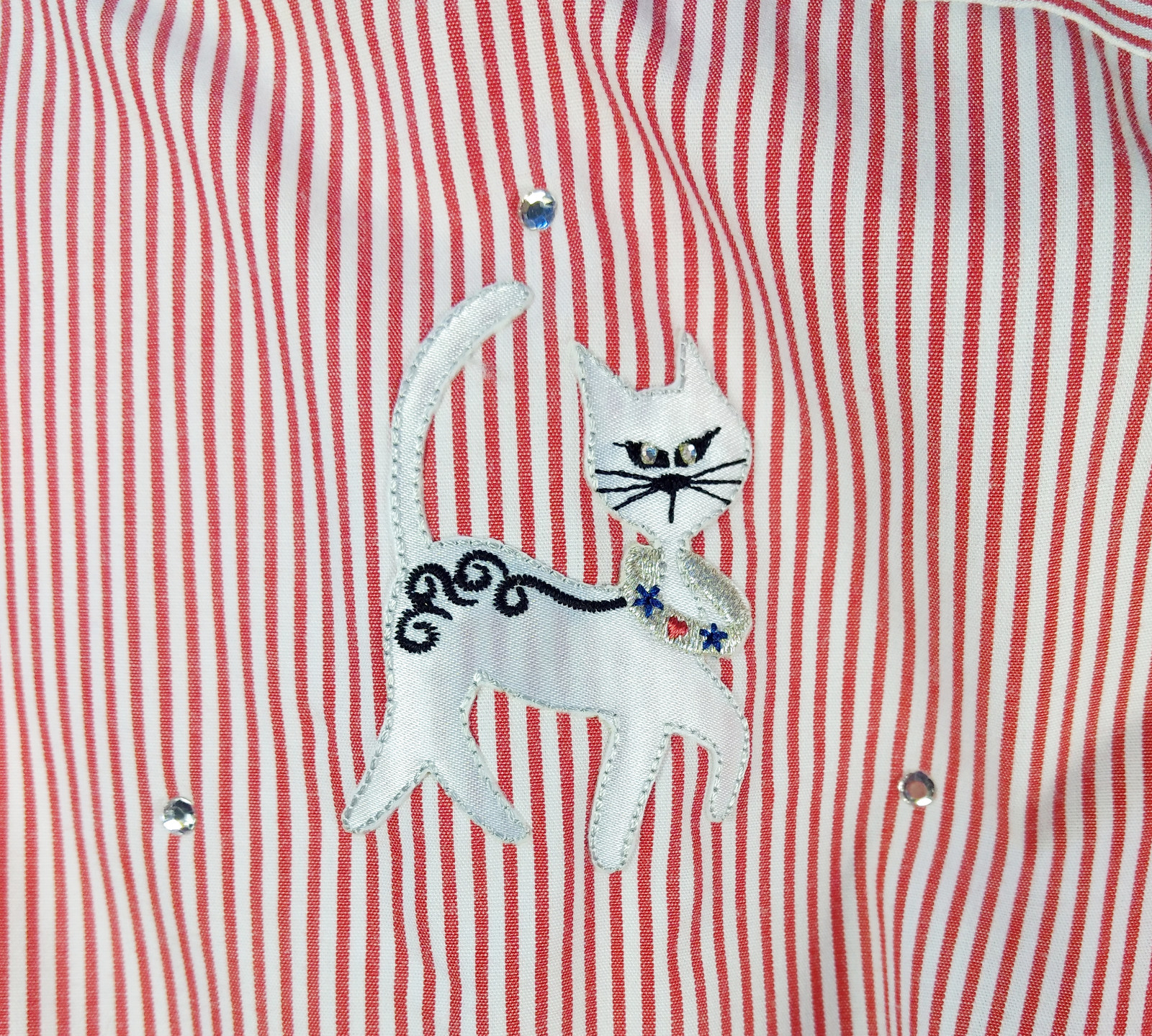 CAT Applique Shirt 2pc Womens Medium Set Red White Stripe Tank Crystals Kitschy