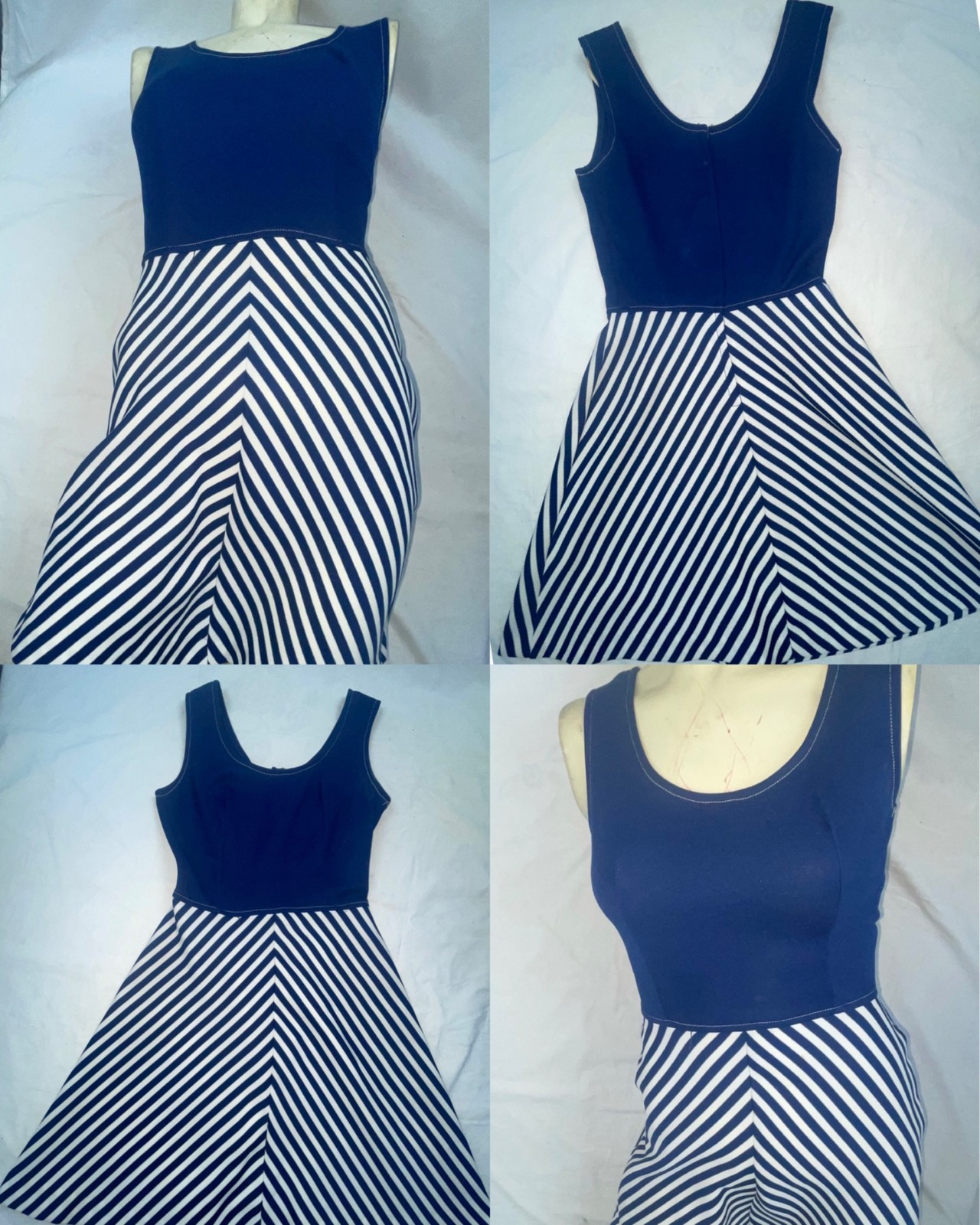 VTG 60S 70S WOMENS S BLUE WHITE STRIPE POLYESTER DISCO RETRO GOGO PARTY DRESS