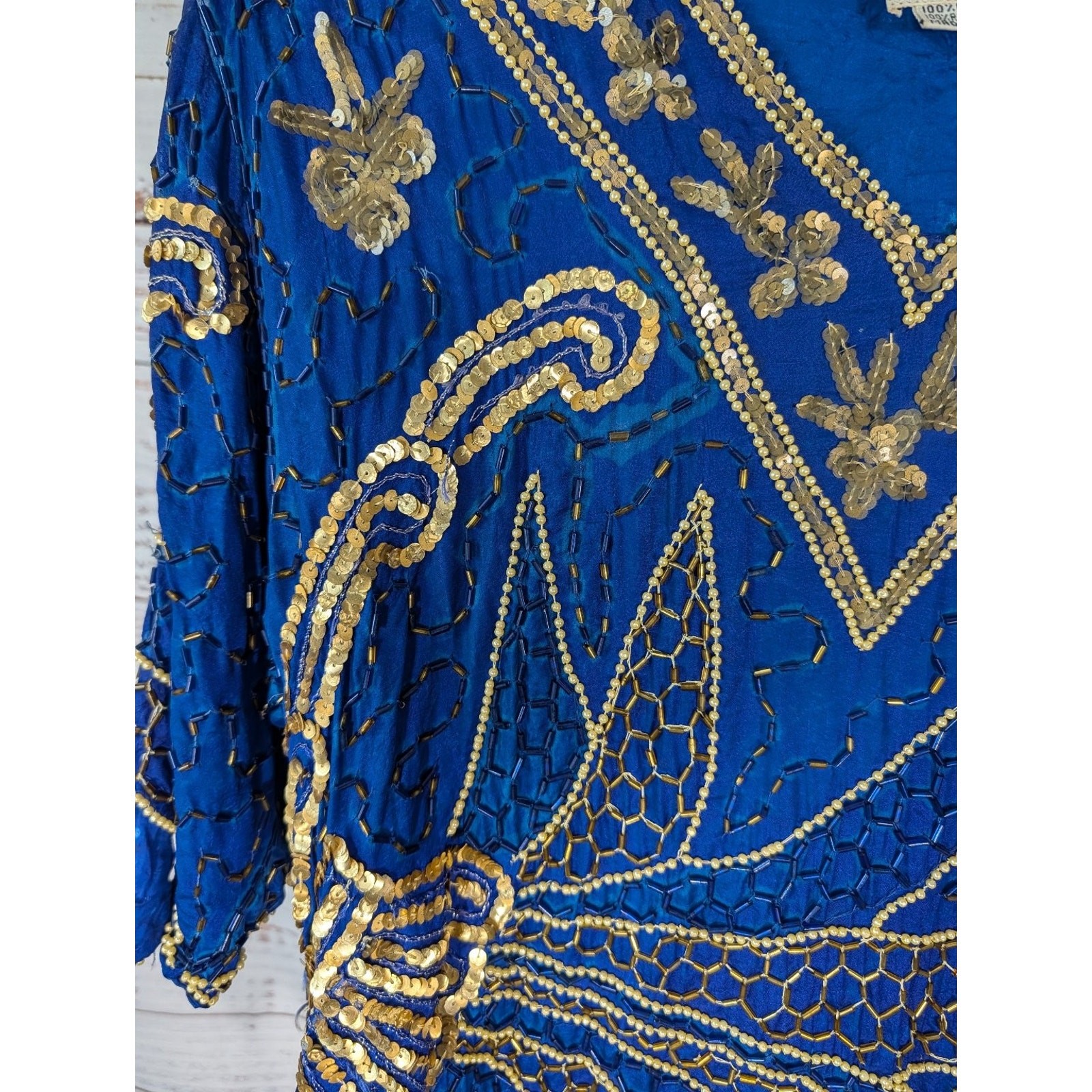 VTG Silk 3Pc Set Beaded Sequin Top Skirt Royal Blue Gold Art Deco Mermaidcore