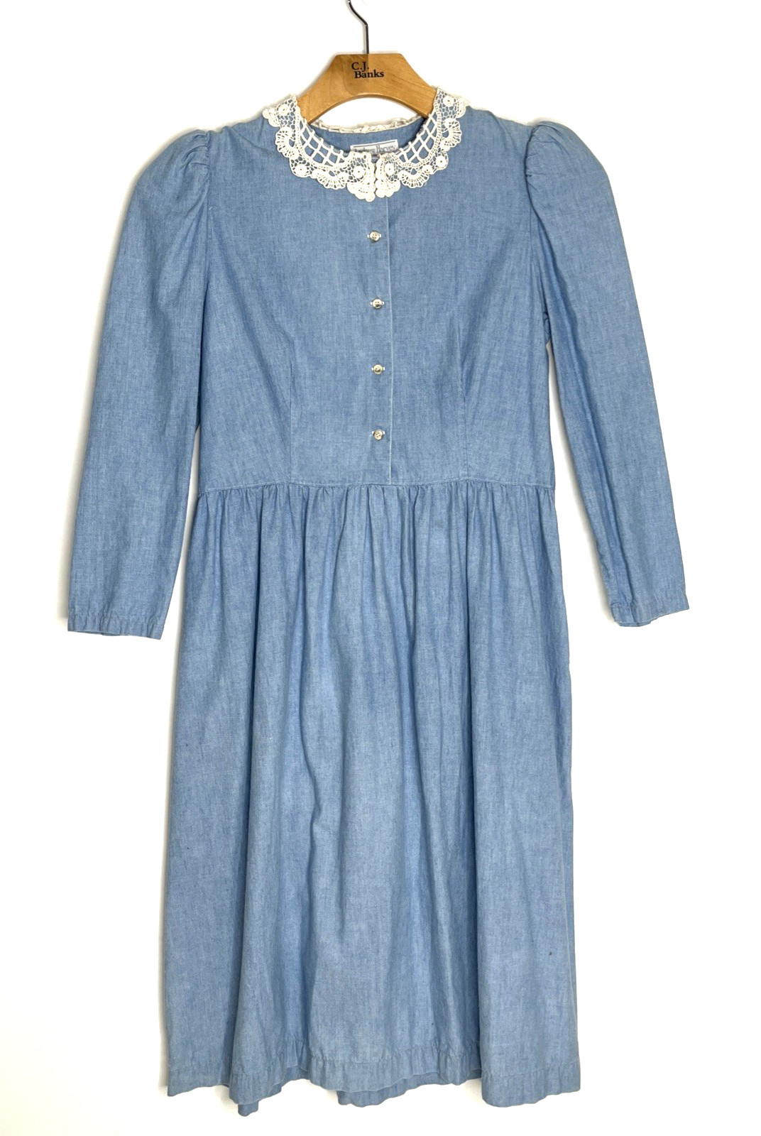 Vtg. Cottagecore Teacher Librarian Modest Dress w/Lace Collar Light Blue Sz 10
