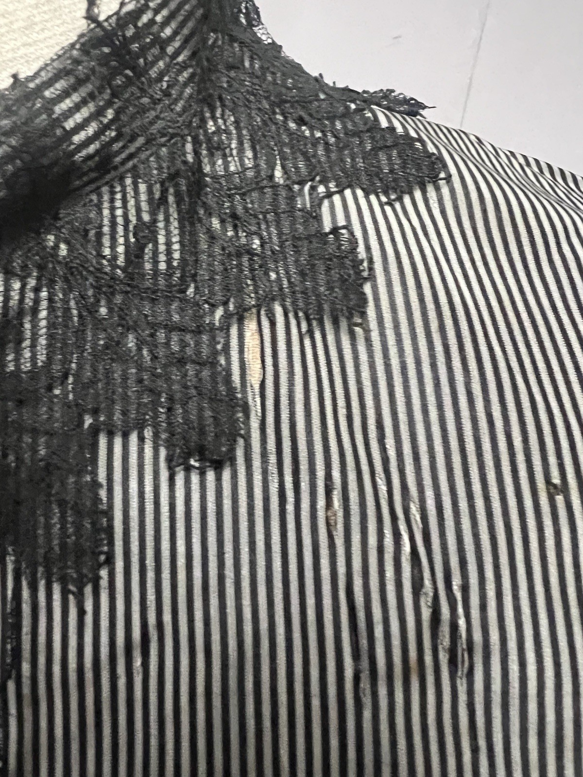 Antique 1860’s – 1880’s Gray & Black Pinstripe Caplet Cape Black Lace Trim
