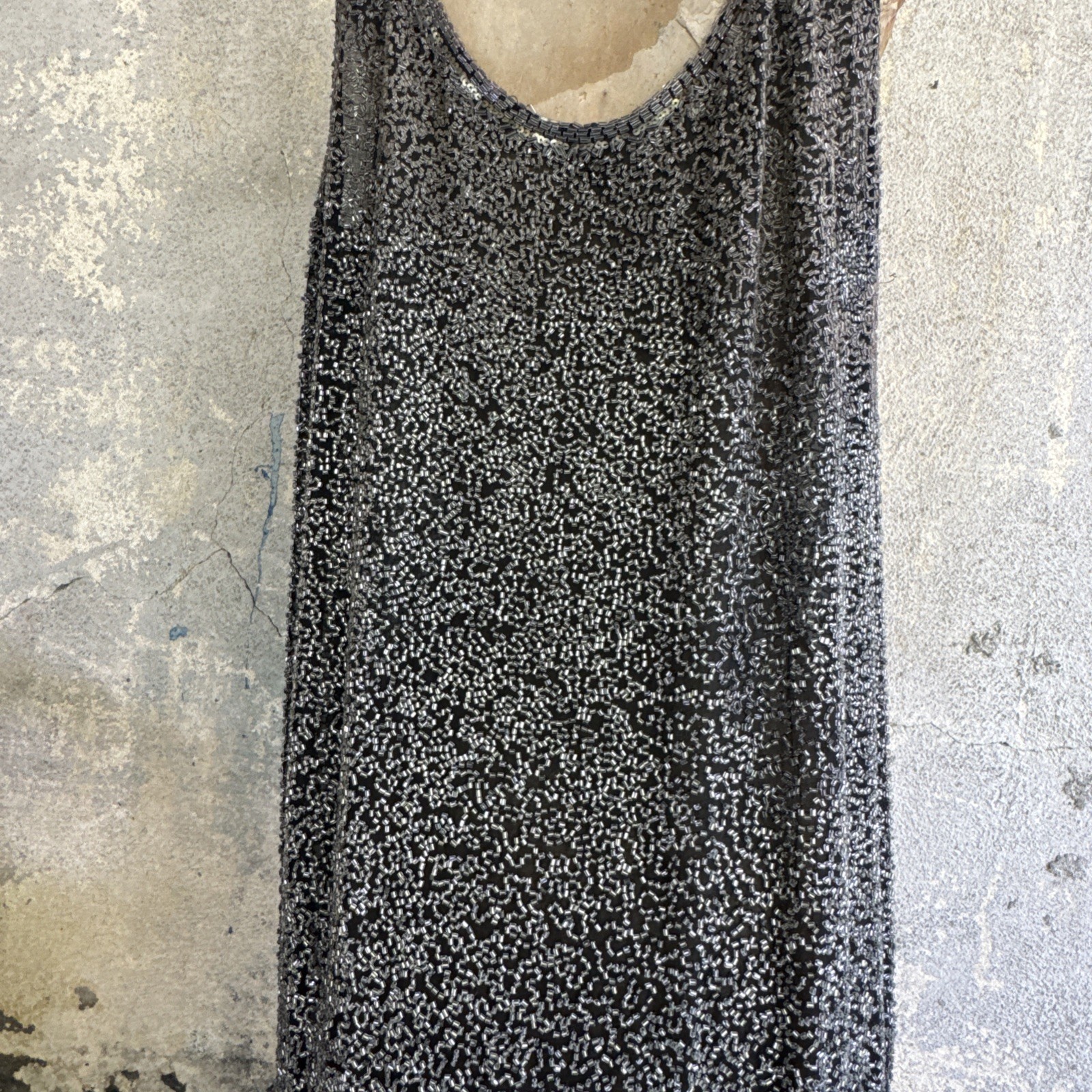 Antique 1920s Completely Silver Icy Beaded Gown Sequins Dress Scalloped Hem VTG