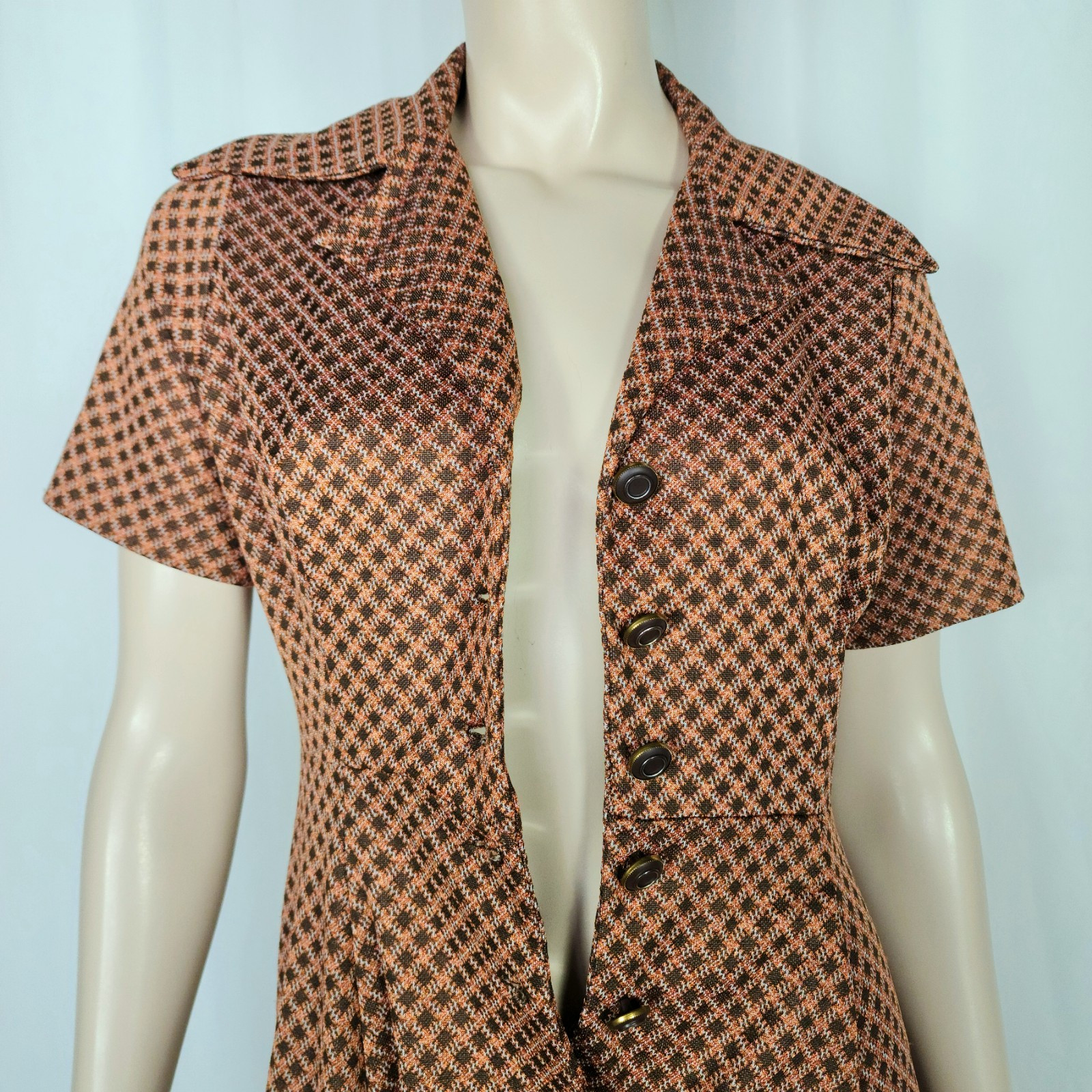 Vtg 70s shirt day dress brown copper M
