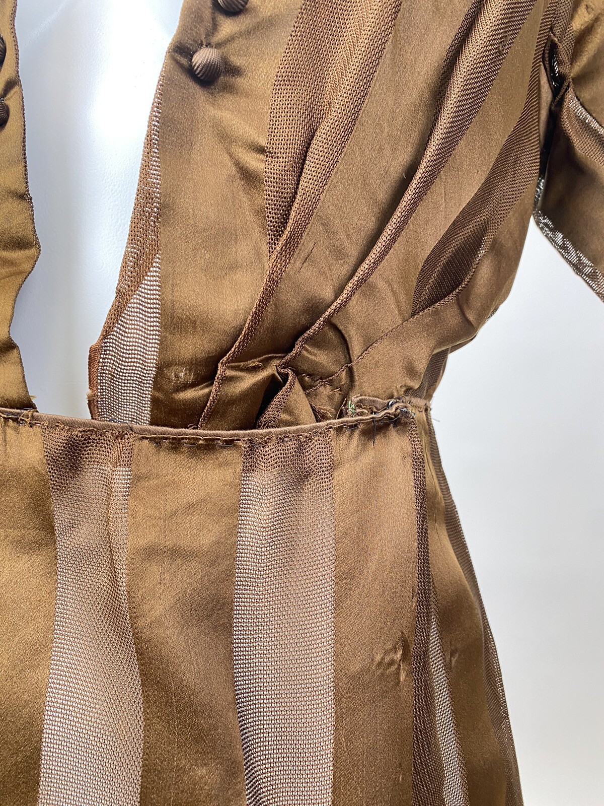 Brown Silk Net Striped Antique Victorian Walking Dress Edwardian 1900s AS IS
