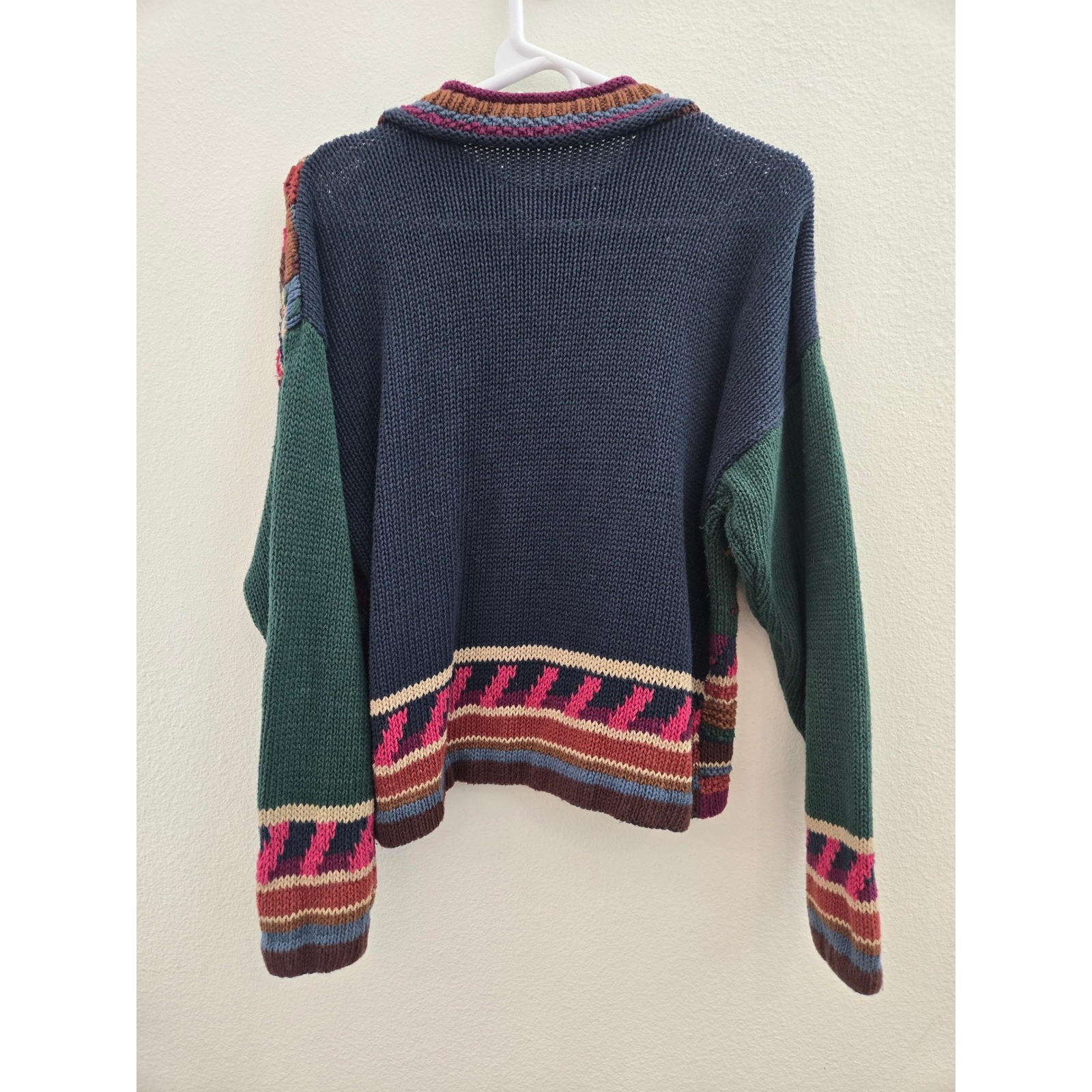 Vintage Knitted by Hand Patchwork Floral Sweater Ramie Cotton Large Boho 90s