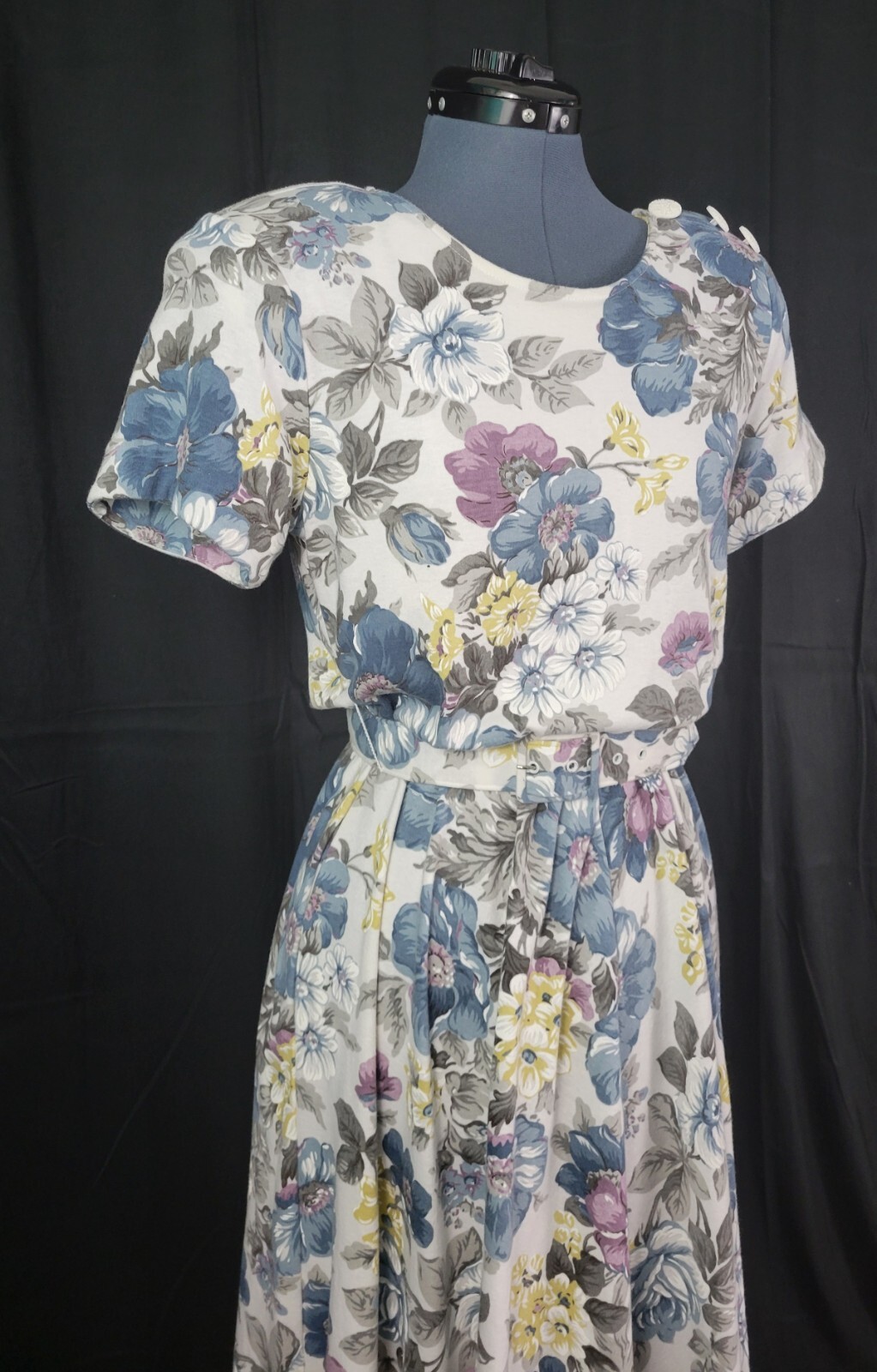 Vtg Stuart Alan Petites White/Blue/Purple Floral Blouson Knit Dress Size 8P