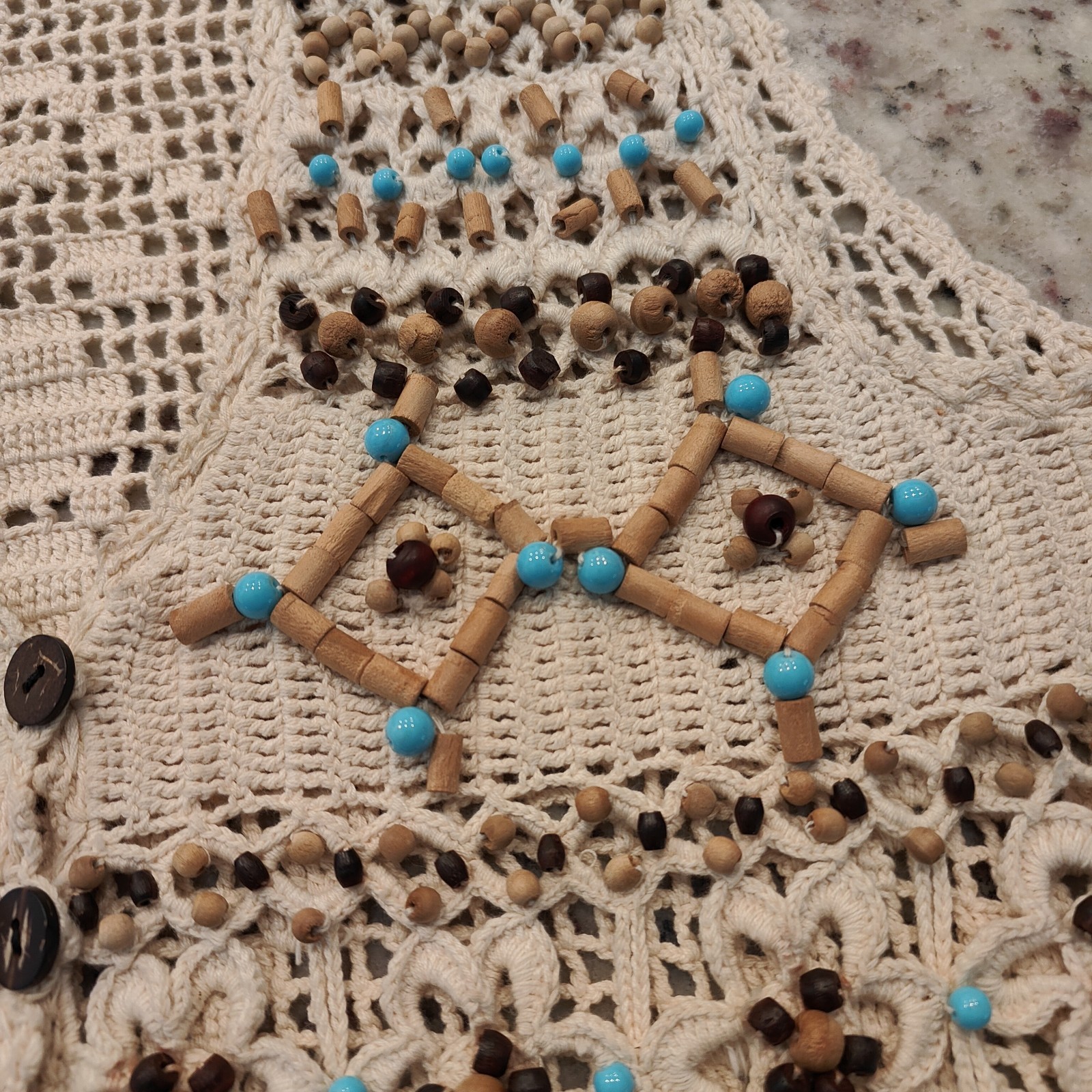 Ann Tjian for Kenar Macrame Wood Beaded Boho Festival Hippie Vest Small Petite