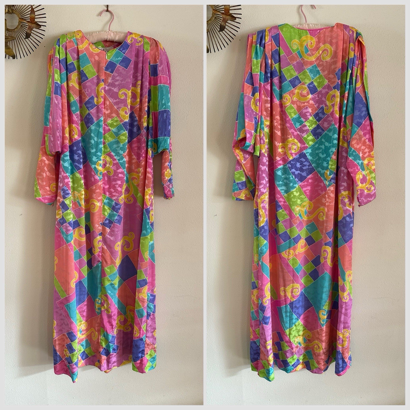 1980s David Brown Brocade Hostess Dress Maxi Resort Geometric Neon Deco Mumu VTG